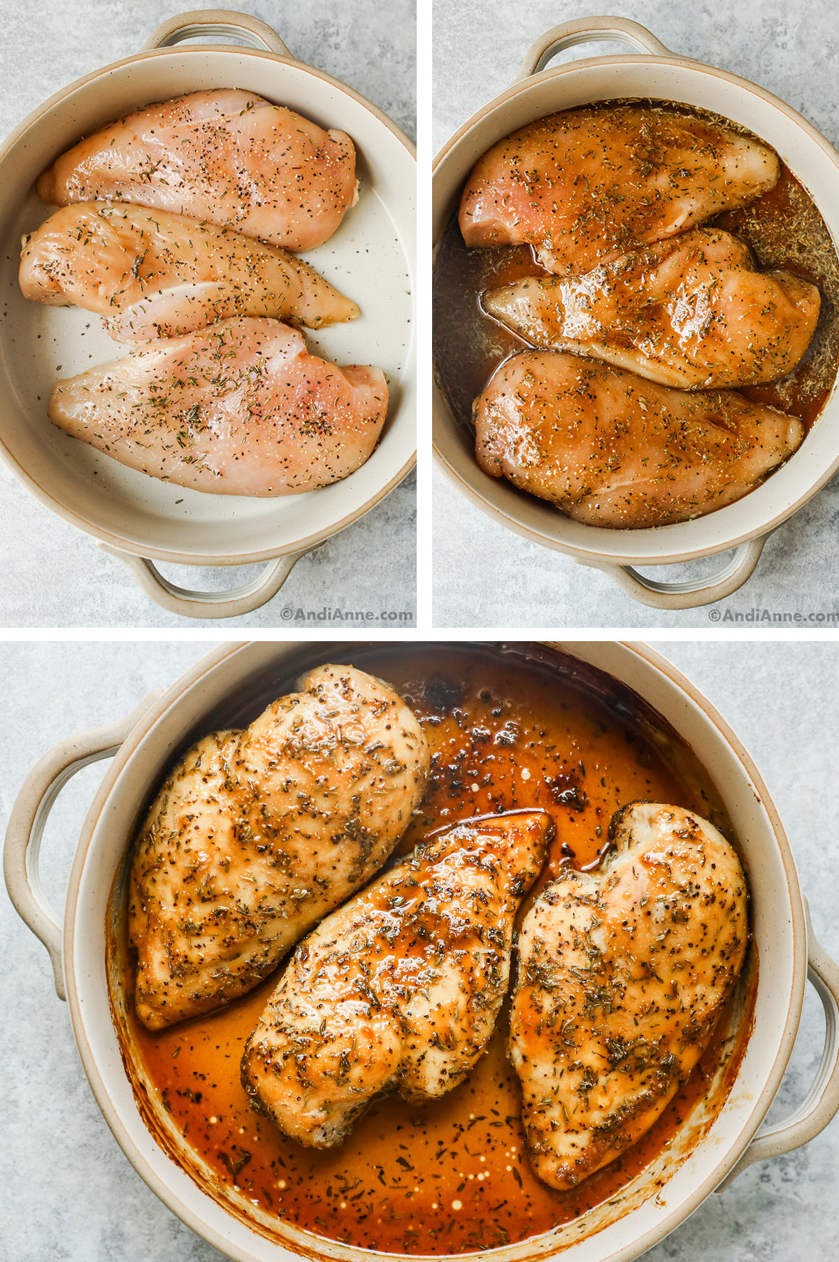 Three images of a round baking dish. First has raw seasoned chicken, second has brown sugar sauce, third has cooked brown sugar chicken breasts.