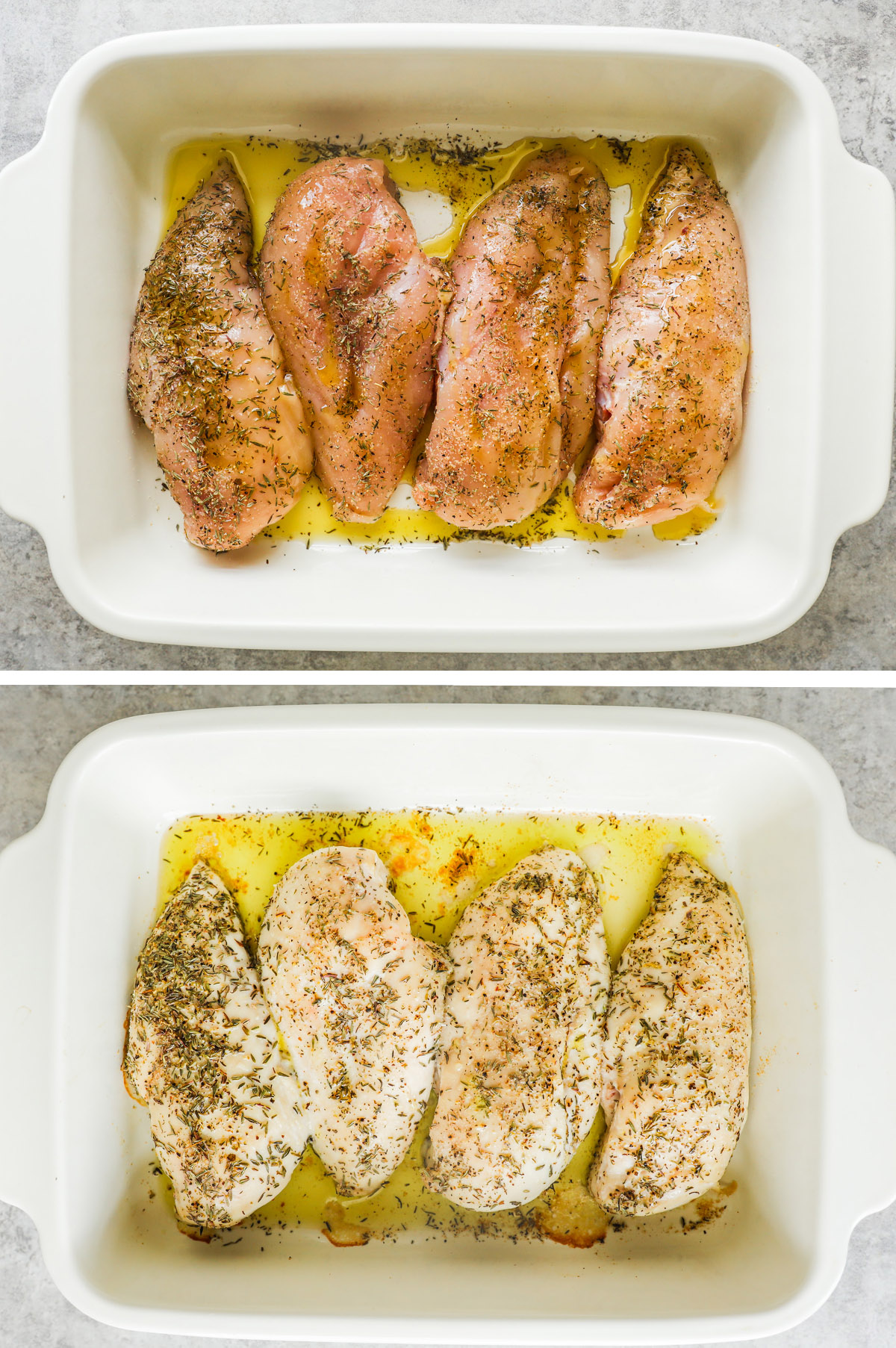 Two images grouped together. First is sliced seasoned raw chicken breasts in a baking dish. Second is half cooked chicken breasts in baking dish.