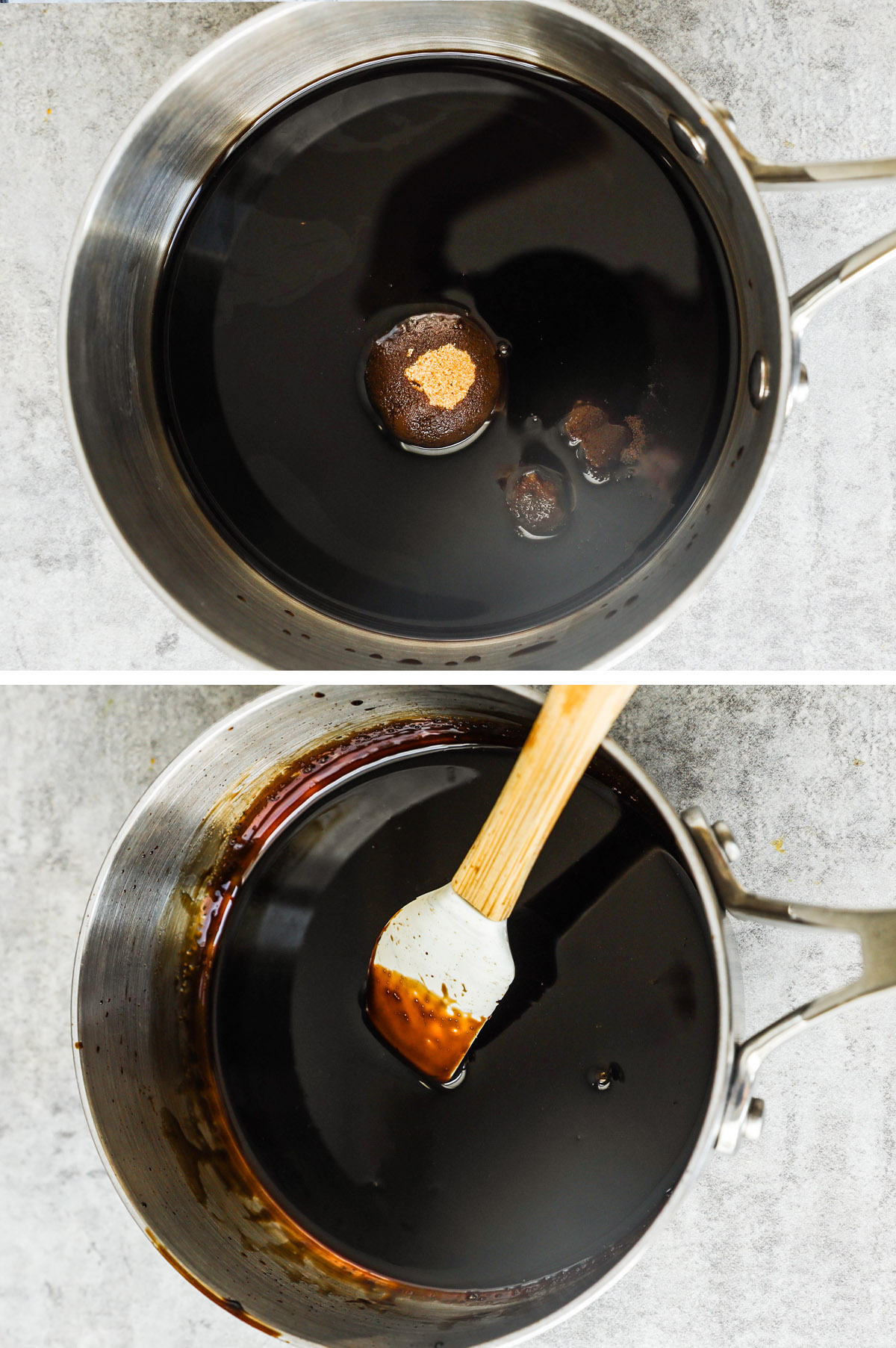 Two images of a saucepan. First is balsamic vinegar and brown sugar dumped in. Second is a thickened balsamic reduction created from the 2 ingredients.