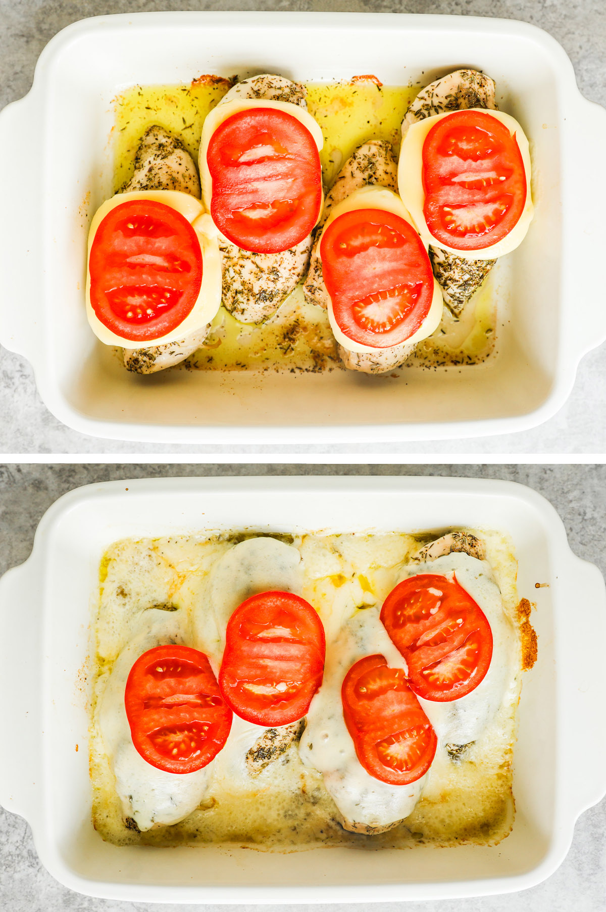 Two images grouped together. First is chicken breasts wit cheese slices and tomato slices on top. Second is cheese melted and cooked with chicken in baking dish. 