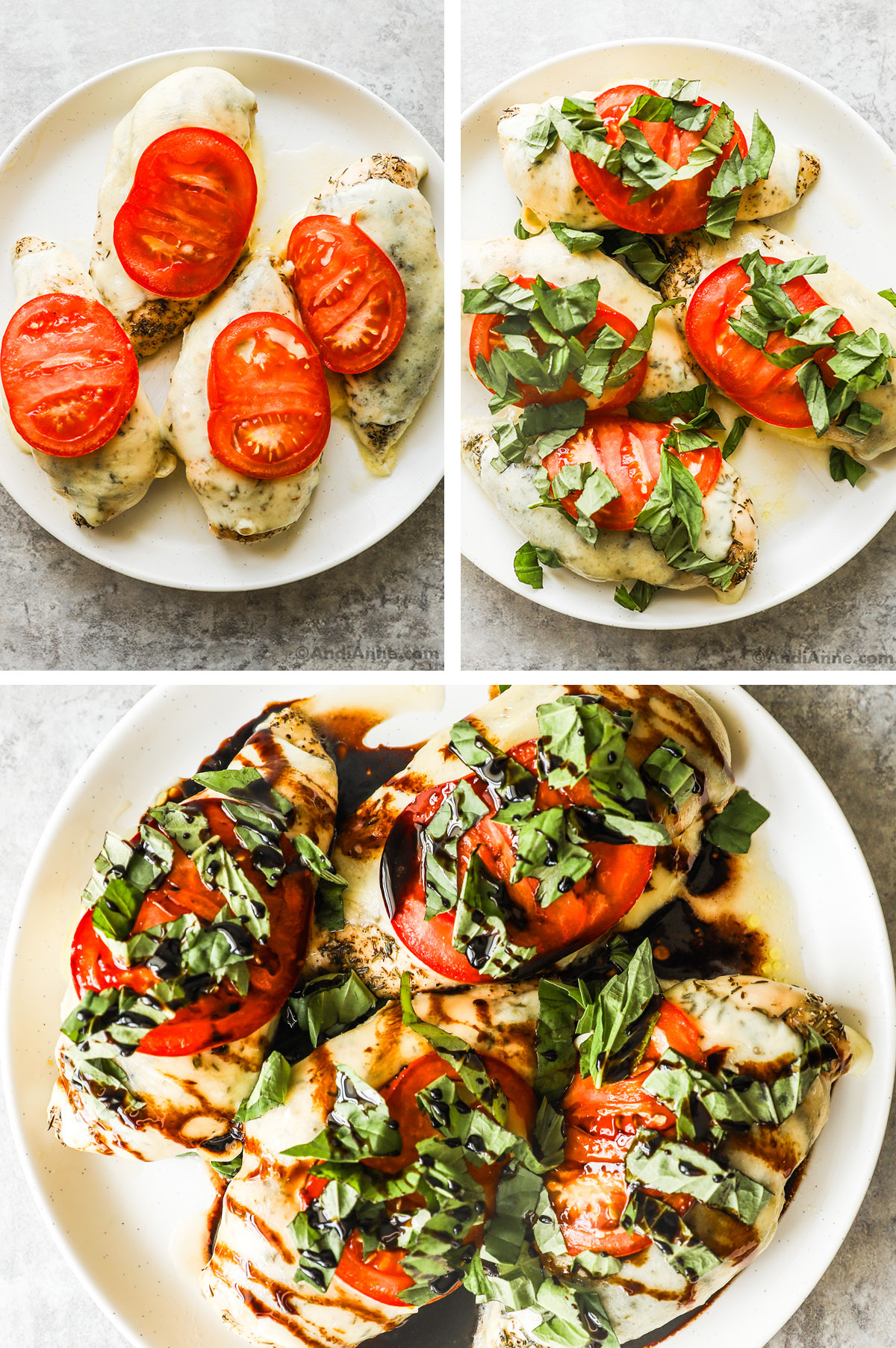 Three images. First is four cooked chicken breasts covered with melted cheese and tomato slices. Second has strips of fresh basil on top. Third has drizzled balsamic reduction.