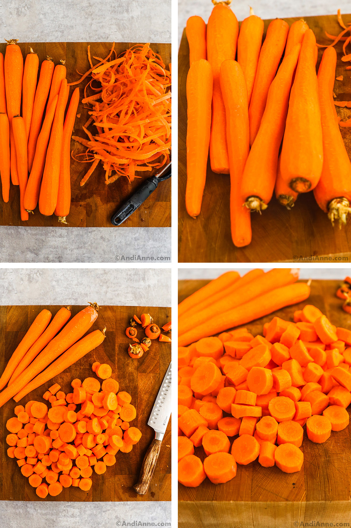 Four images grouped together of peeled and chopped carrots.