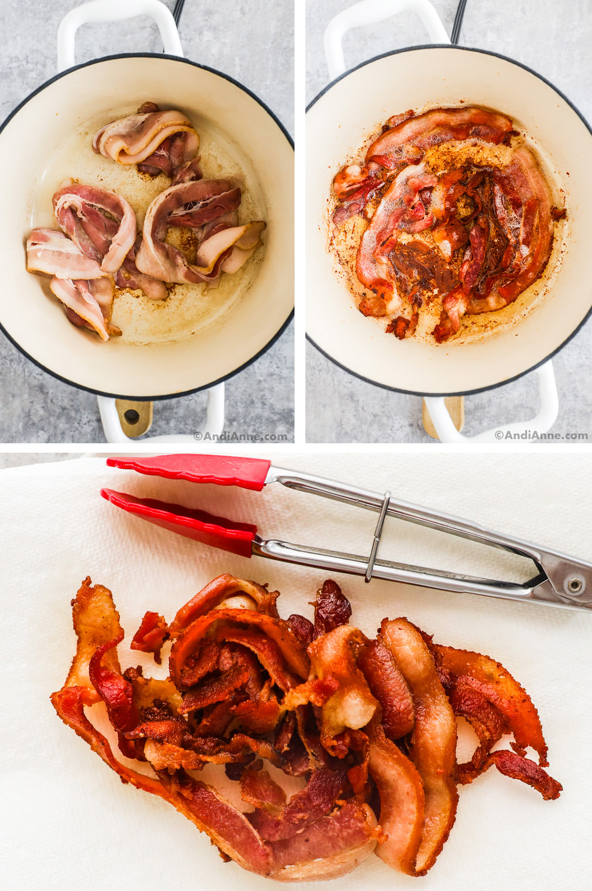 Three images grouped together, first is raw bacon in a pot, second is cooked bacon in a pot, third is cooked bacon on a paper towel.