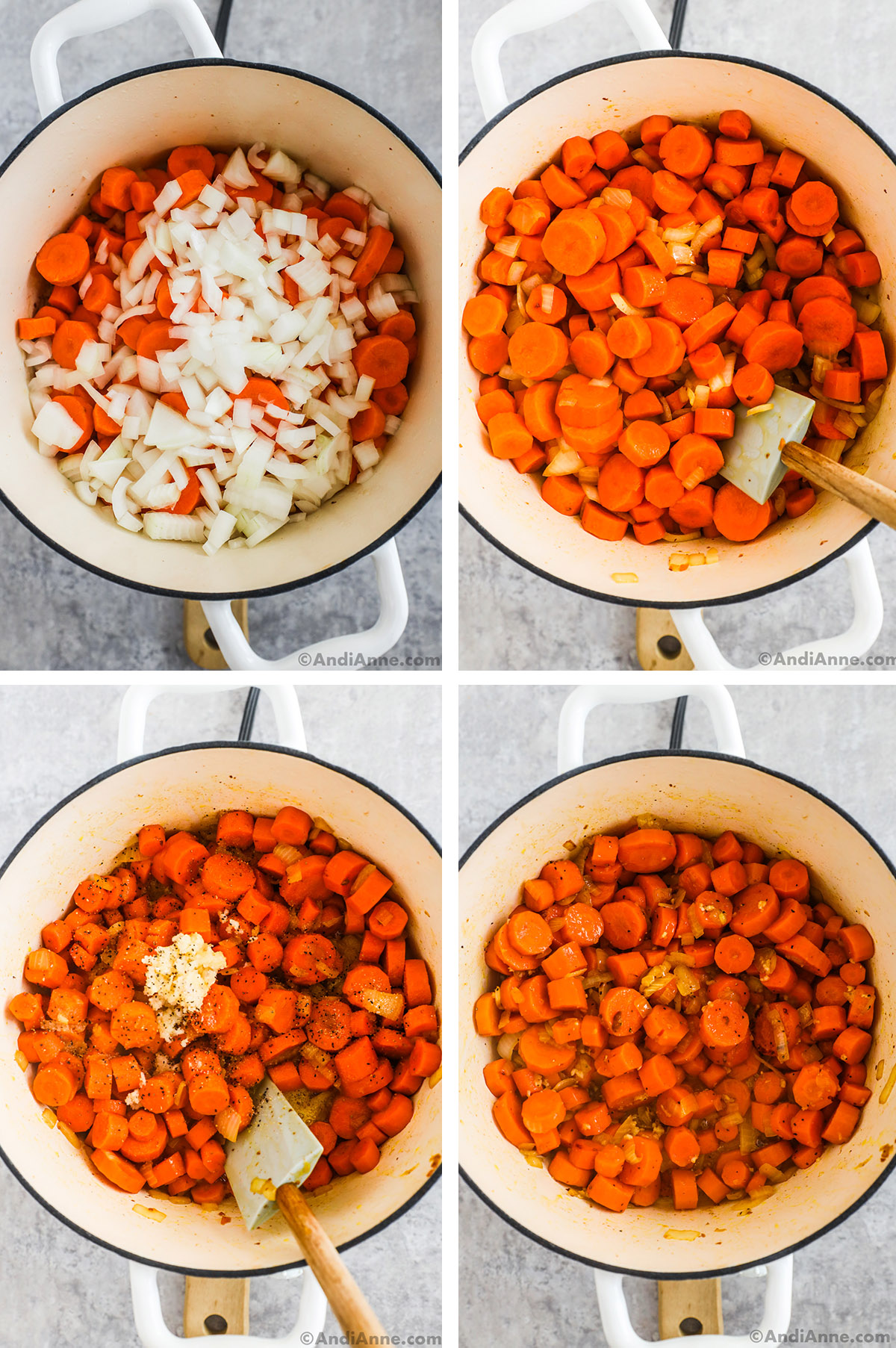 Four images grouped together. First is onion and chopped carrots. Second is slightly cooked and mixed onion and carrots. Third is minced garlic and spices dumped over cooked carrots. Fourth is cooked carrots with onion and garlic mixed together.