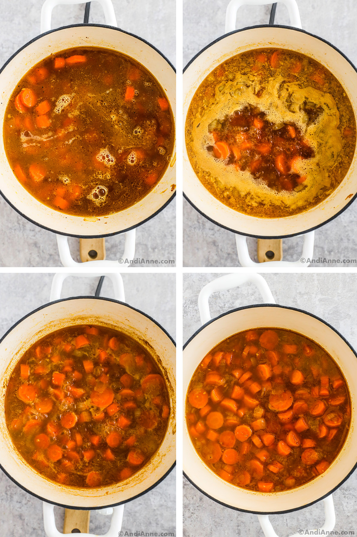 Four images of a pot of simmering soup with chopped carrots in various cooking stages.