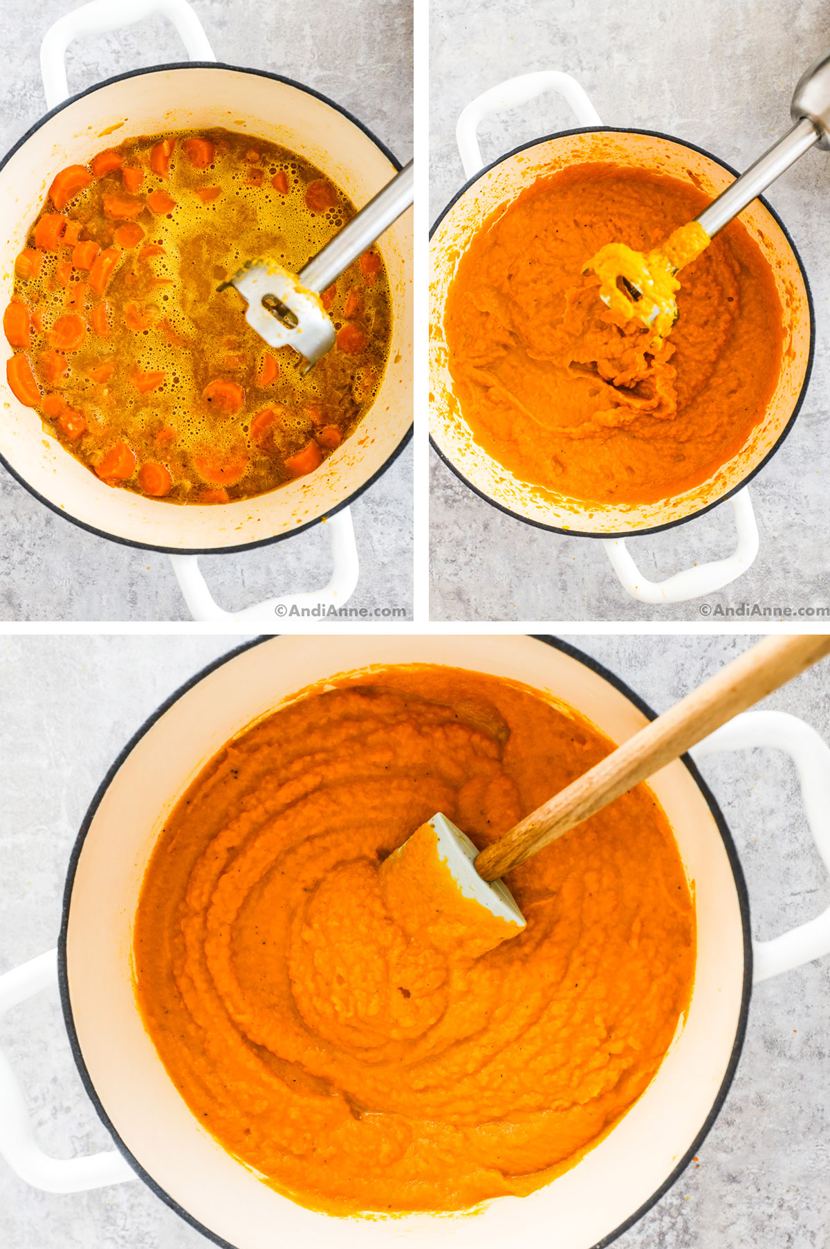 Three images of a pot, first with chopped carrots in soup liquid and immersion blender, second with pureed carrot soup and immersion blender, third is pureed soup in pot with a spatula.