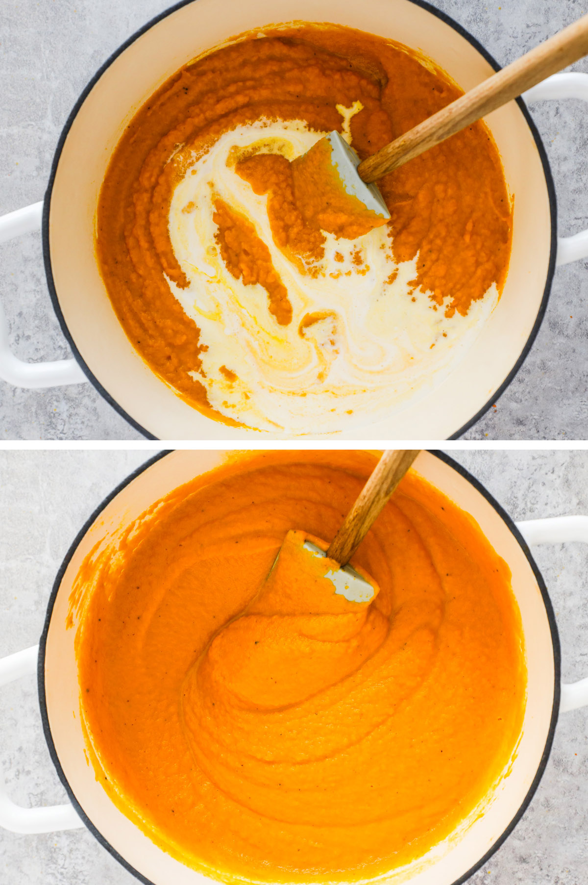 Two images grouped together, first is heavy cream poured over pureed carrots. Second is cream mixed into carrot soup.