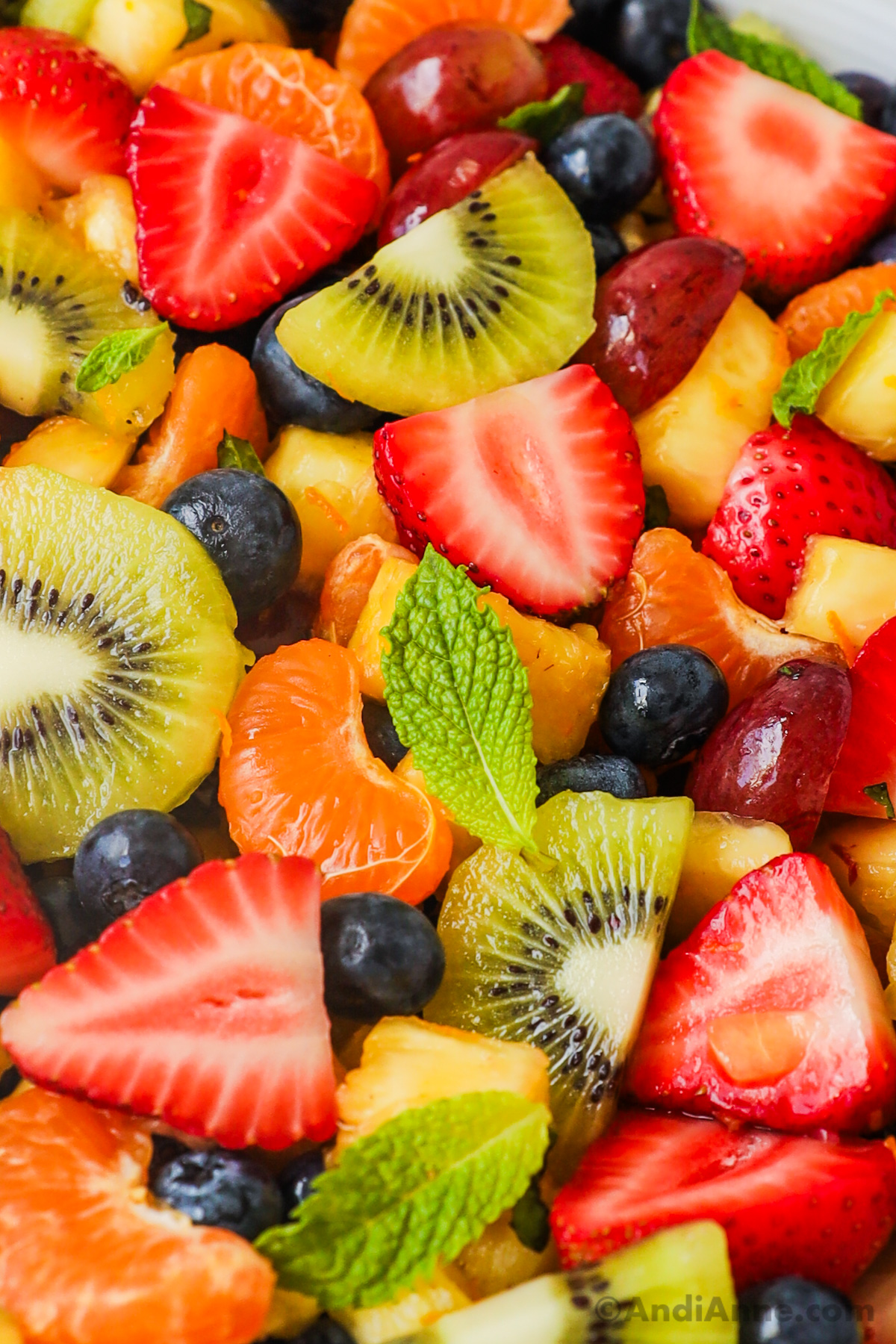 Close up of strawberries, pineapple, kiwi, blueberries and fresh mint leaves in a fruit salad.