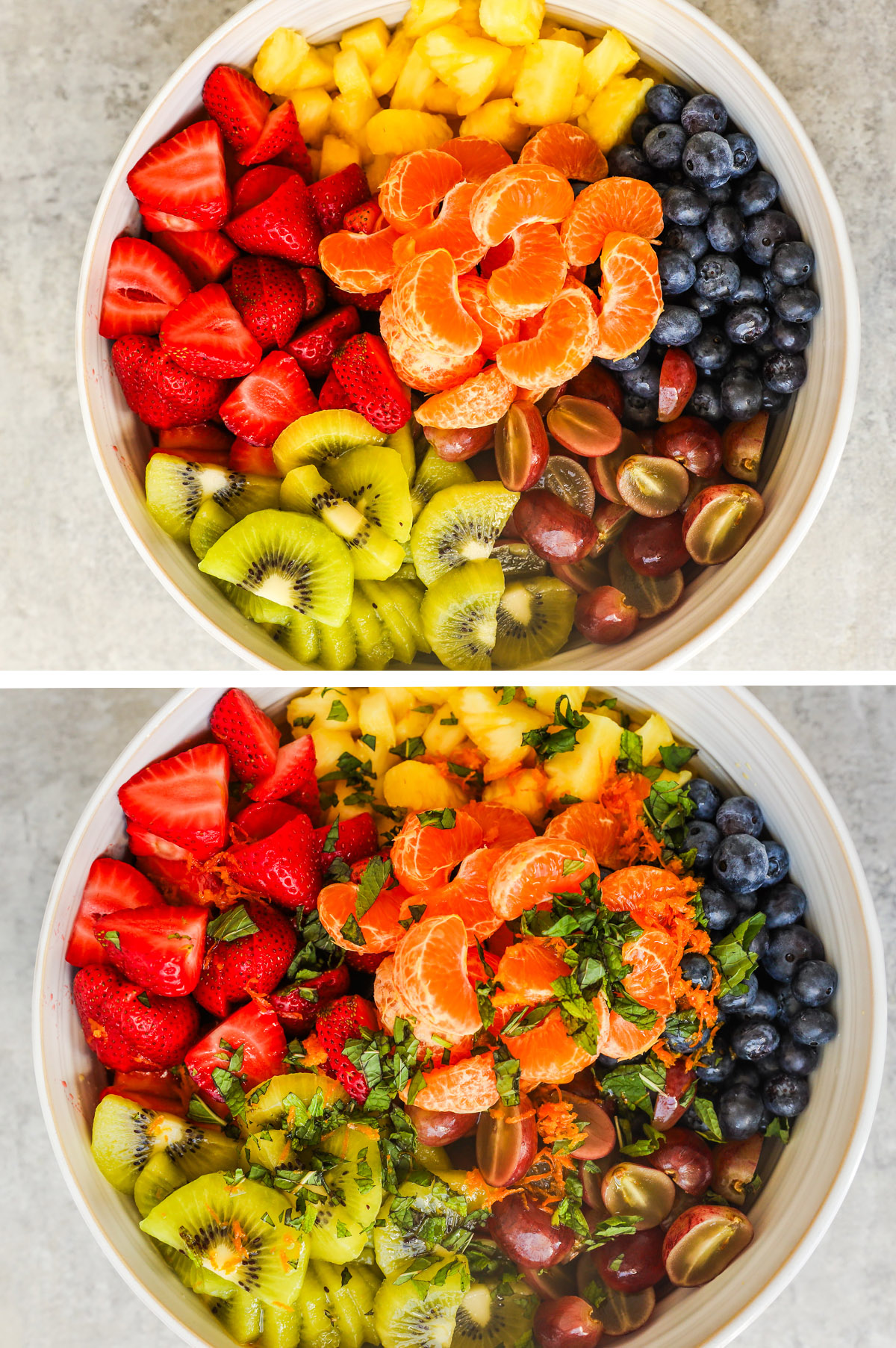 Two images of a large bowl of fruit salad. First without dressing drizzled on top, the second with dressing and chopped mint.