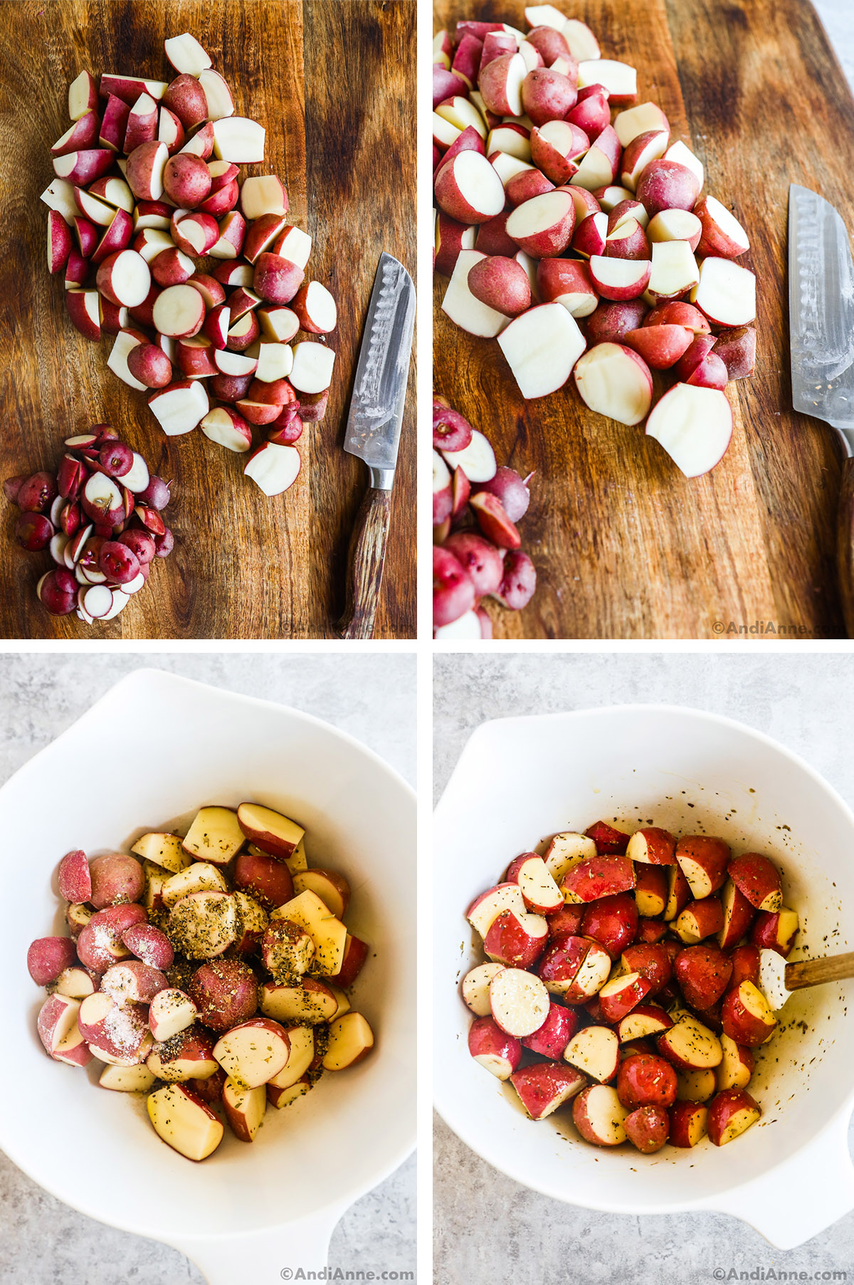 Four images grouped together. First two are sliced potatoes on a cutting board. Second and third are a bowl with sliced red potatoes and seasonings dumped in, first unmixed then mixed together. 