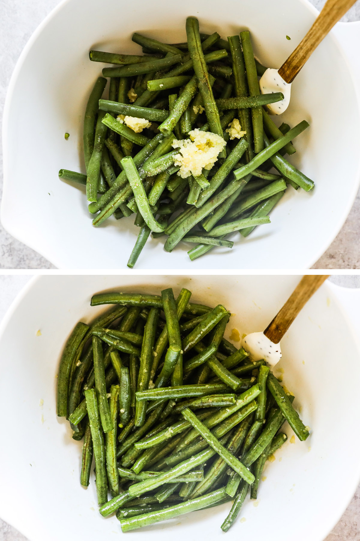 Two images of a bowl of trimmed green beans. First with minced garlic and spices on top. Second with ingredients tossed together.