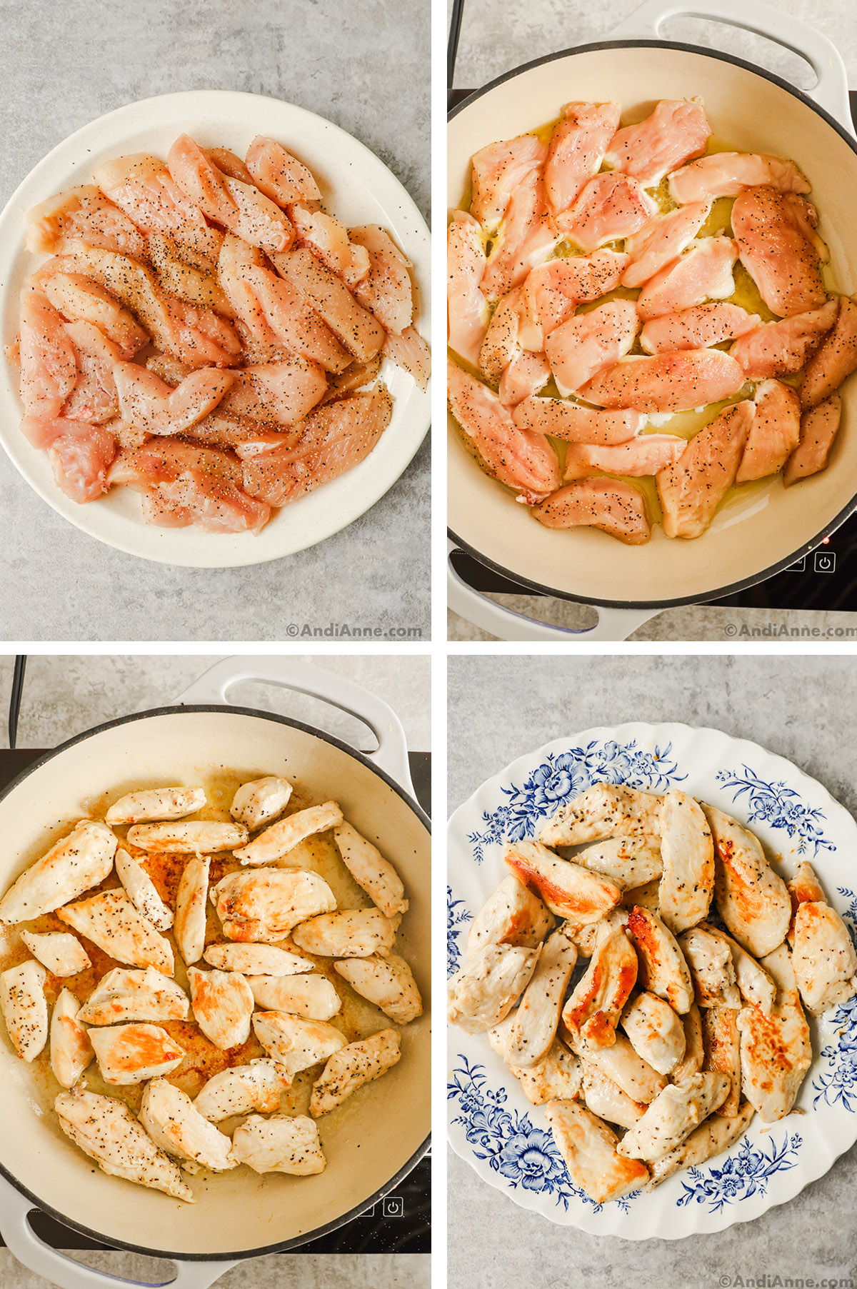 Four images together: first is plate of raw chicken breast slices seasoned with salt and pepper. Second is raw chicken breasts in a skillet. Third is cooked chicken breasts in a skillet. Fourth is cooke chicken on a plate.