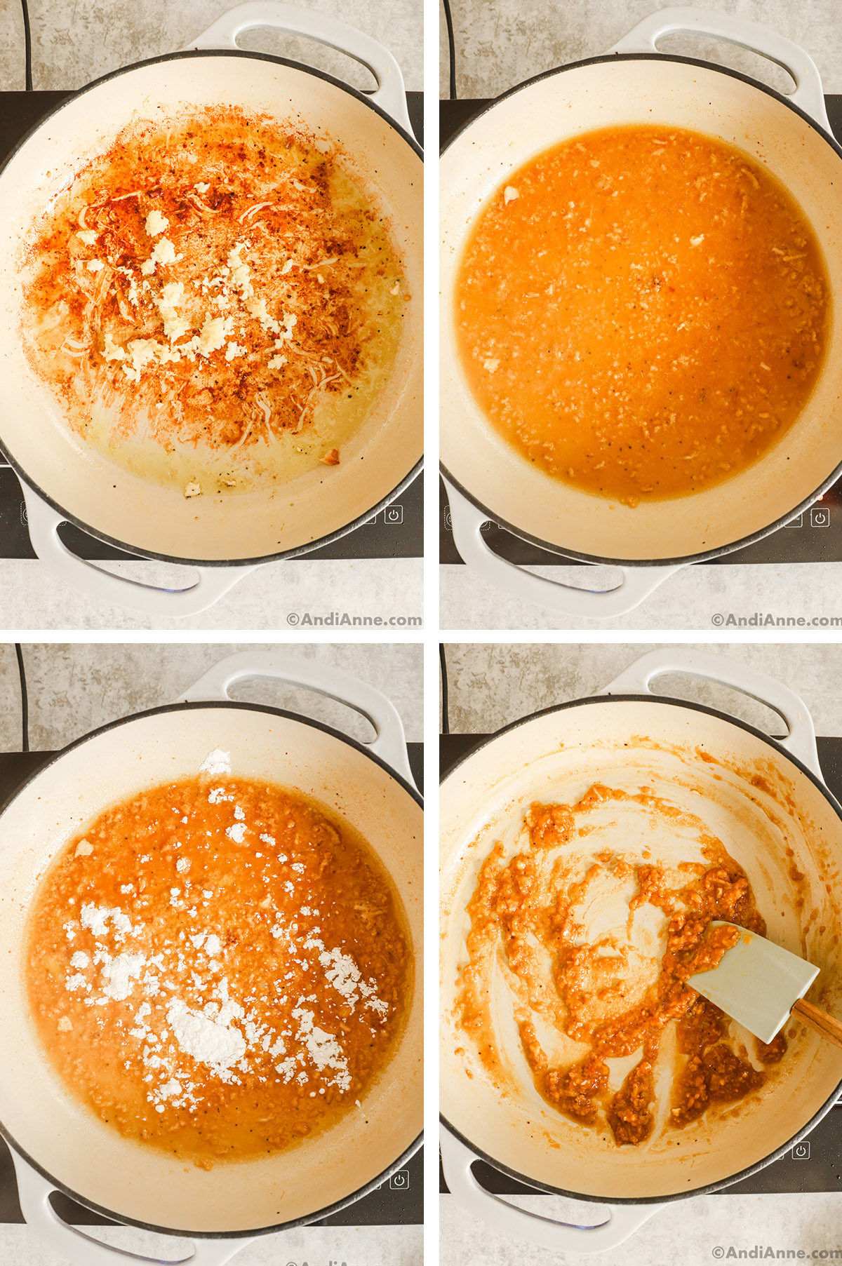 Four images grouped of a skillet. First has minced garlic. Second has broth added. Third has flour, fourth is a thickened texture.