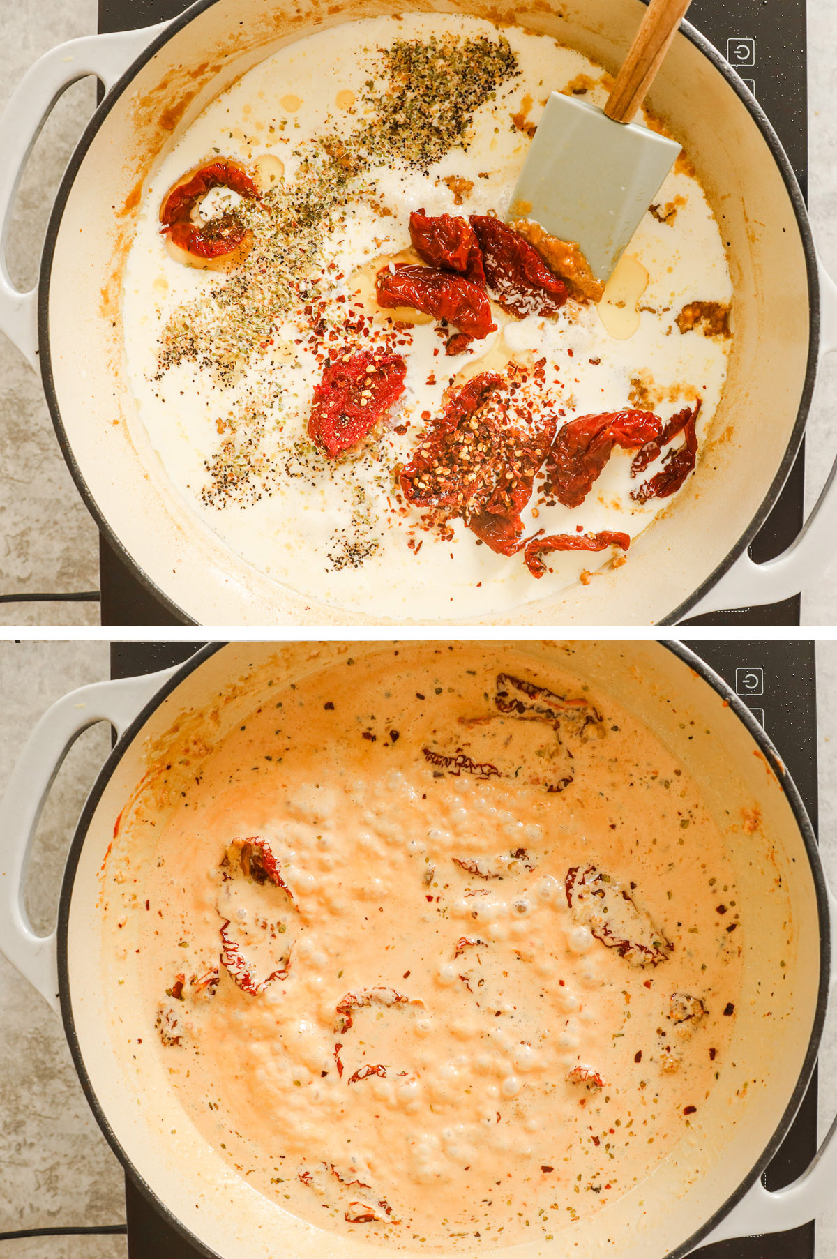 Two images of a skillet. First has cream, seasonings and sun dried tomatoes. Second has ingredients thickened together to form creamy sauce.