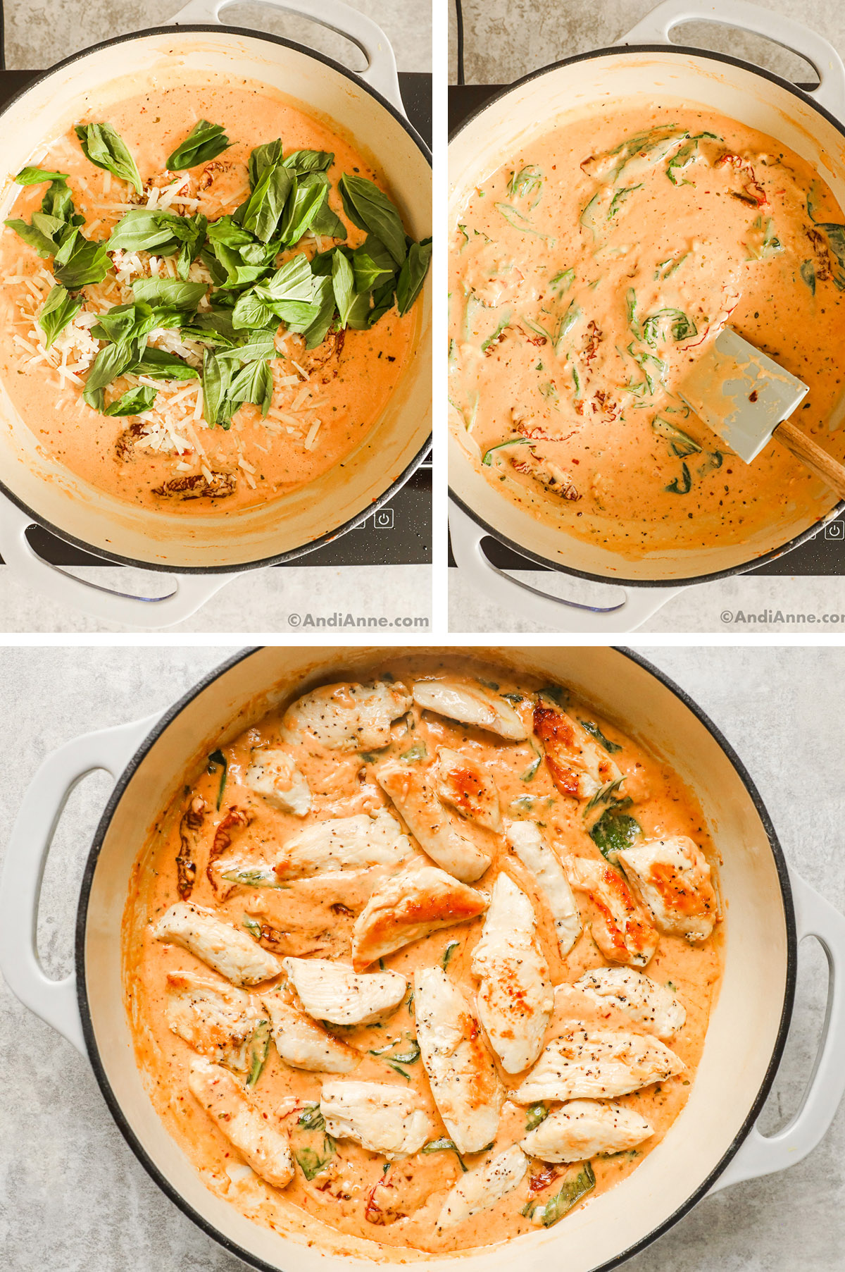 Three images grouped together. First has fresh basil leaves and grated parmesan on top of creamy sauce. Second has ingredients mixed together. Third has chicken pieces added.