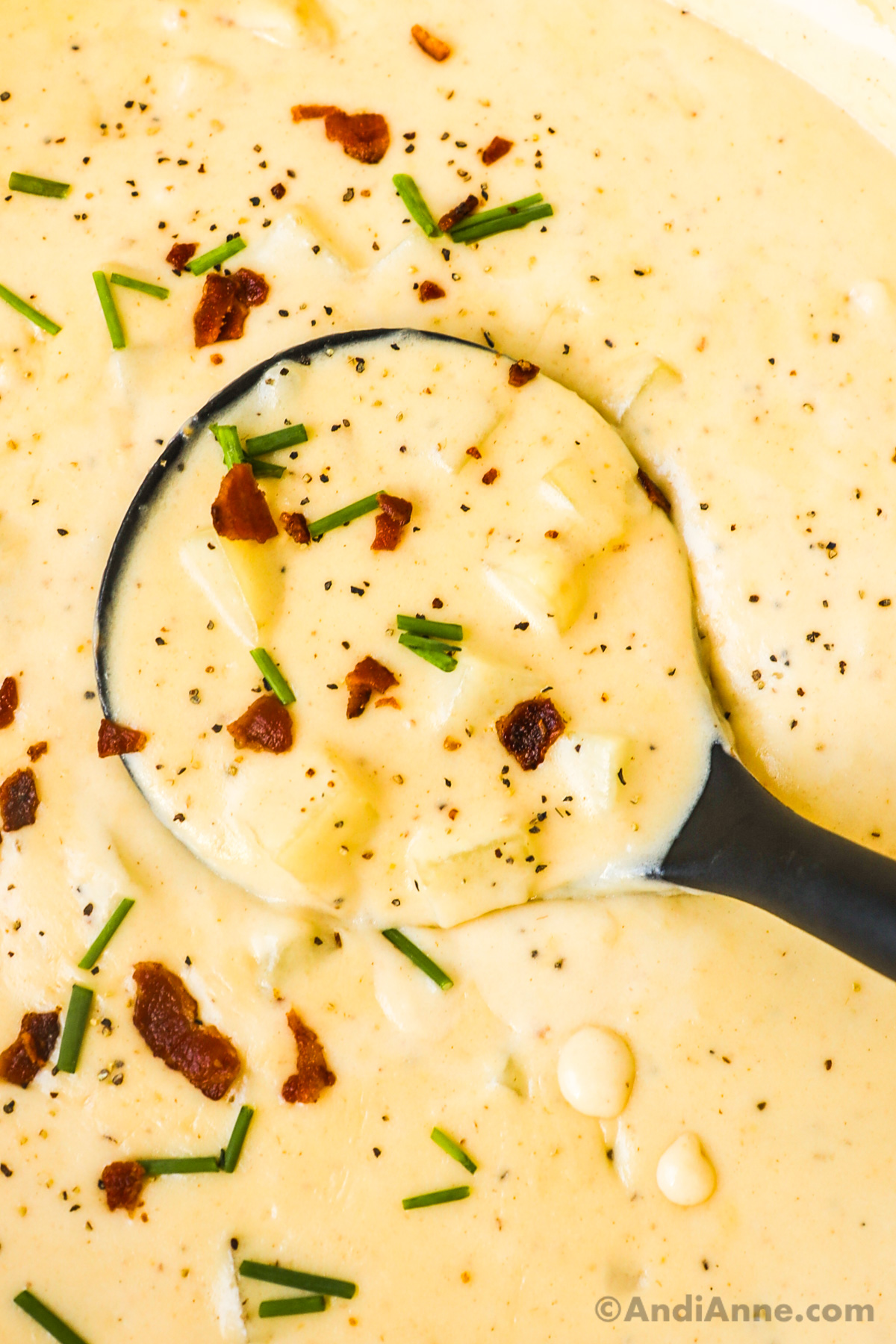 Close up of a soup ladle in a pot of creamy potato soup with some chives and crumbled bacon on top.