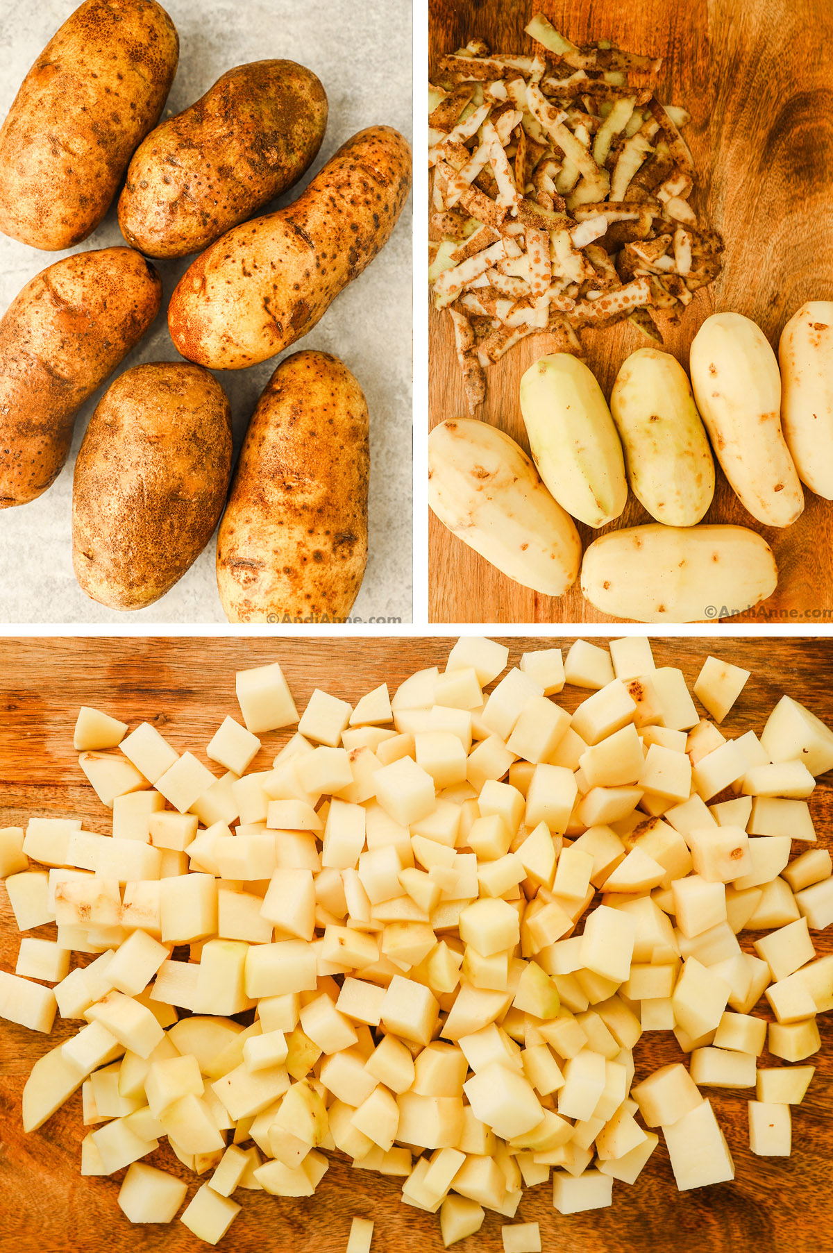 Three images grouped together. First is russet potatoes, second is peeled potatoes, third is cubed potatoes.