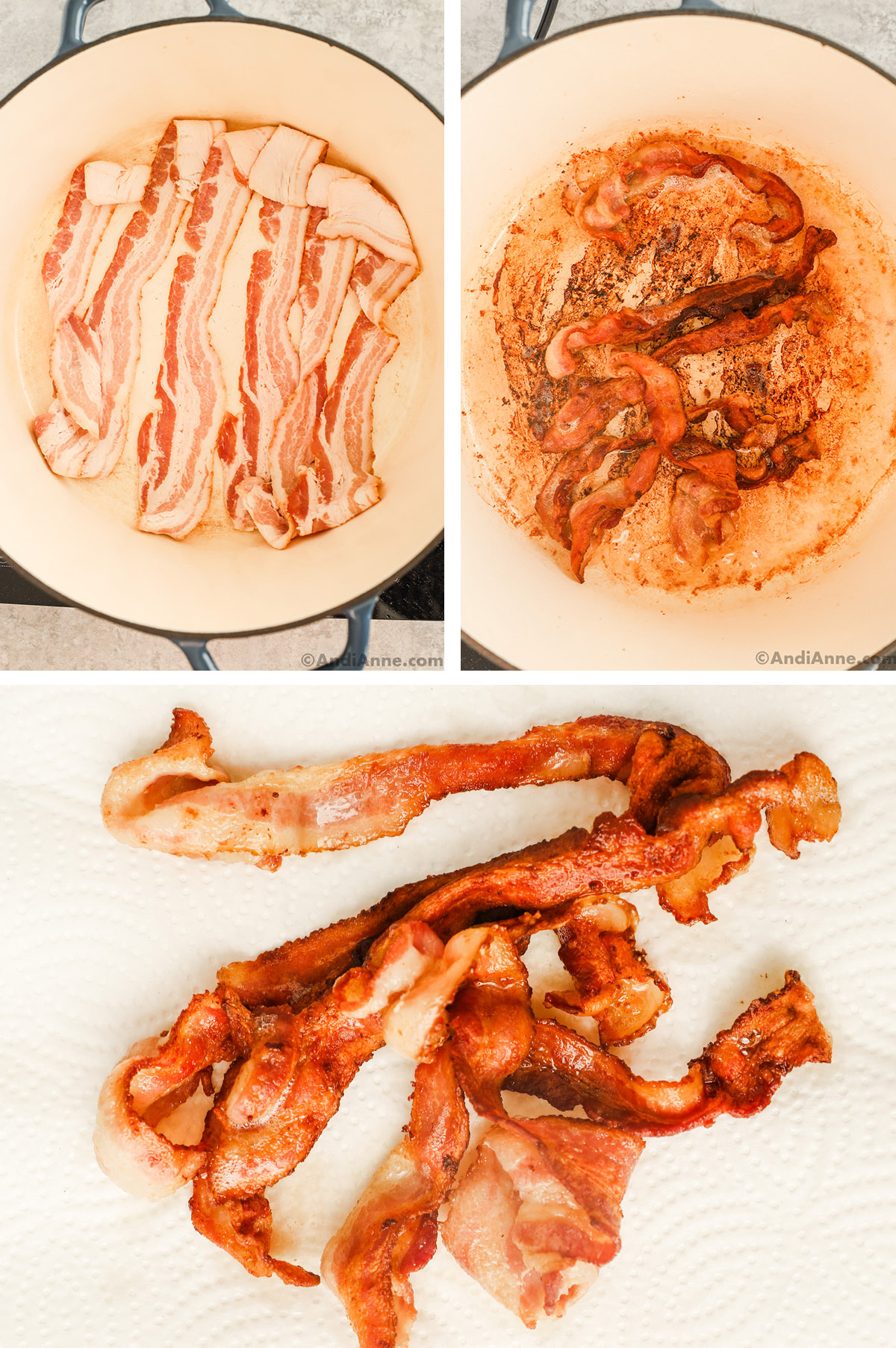 Three images grouped together. First is raw bacon slices in pot. Second is cooked bacon in pot. Third is cooked bacon slices on paper towel.