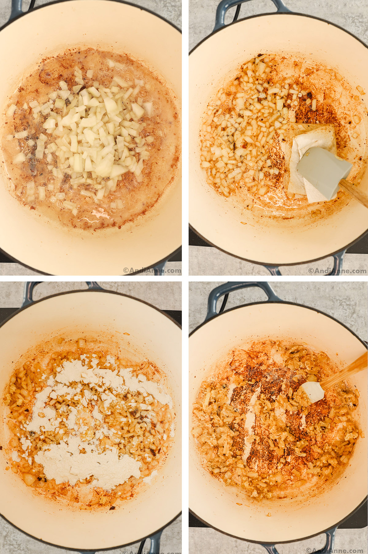 Four images grouped together. First two with chopped onion in a pot. Second with folded paper towel and spatula added to absorb grease. Third flour added, fourth flour mixed in with spatula.