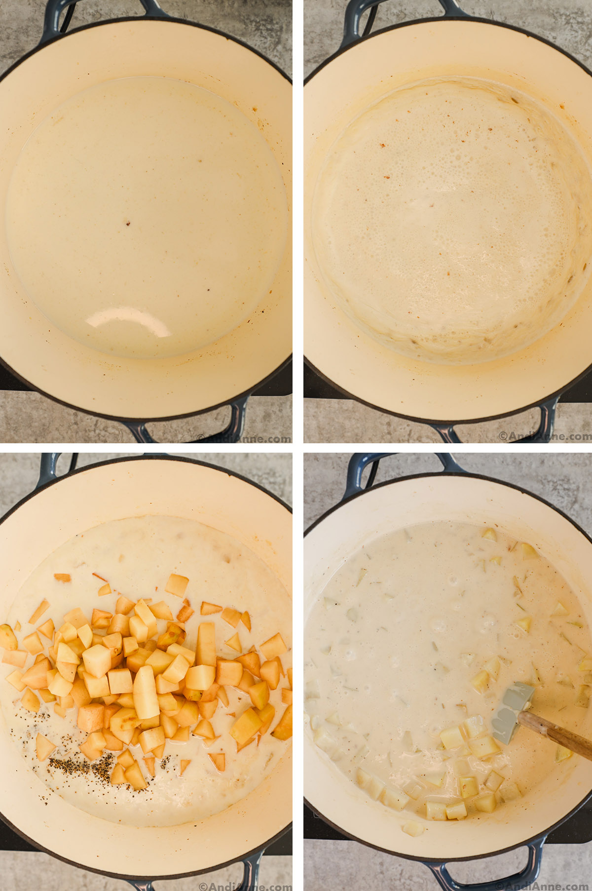 Four images of a pot. first two with white creamy liquid simmering, third with chopped potatoes, salt and pepper added. Fourth with all ingredients mixed together.