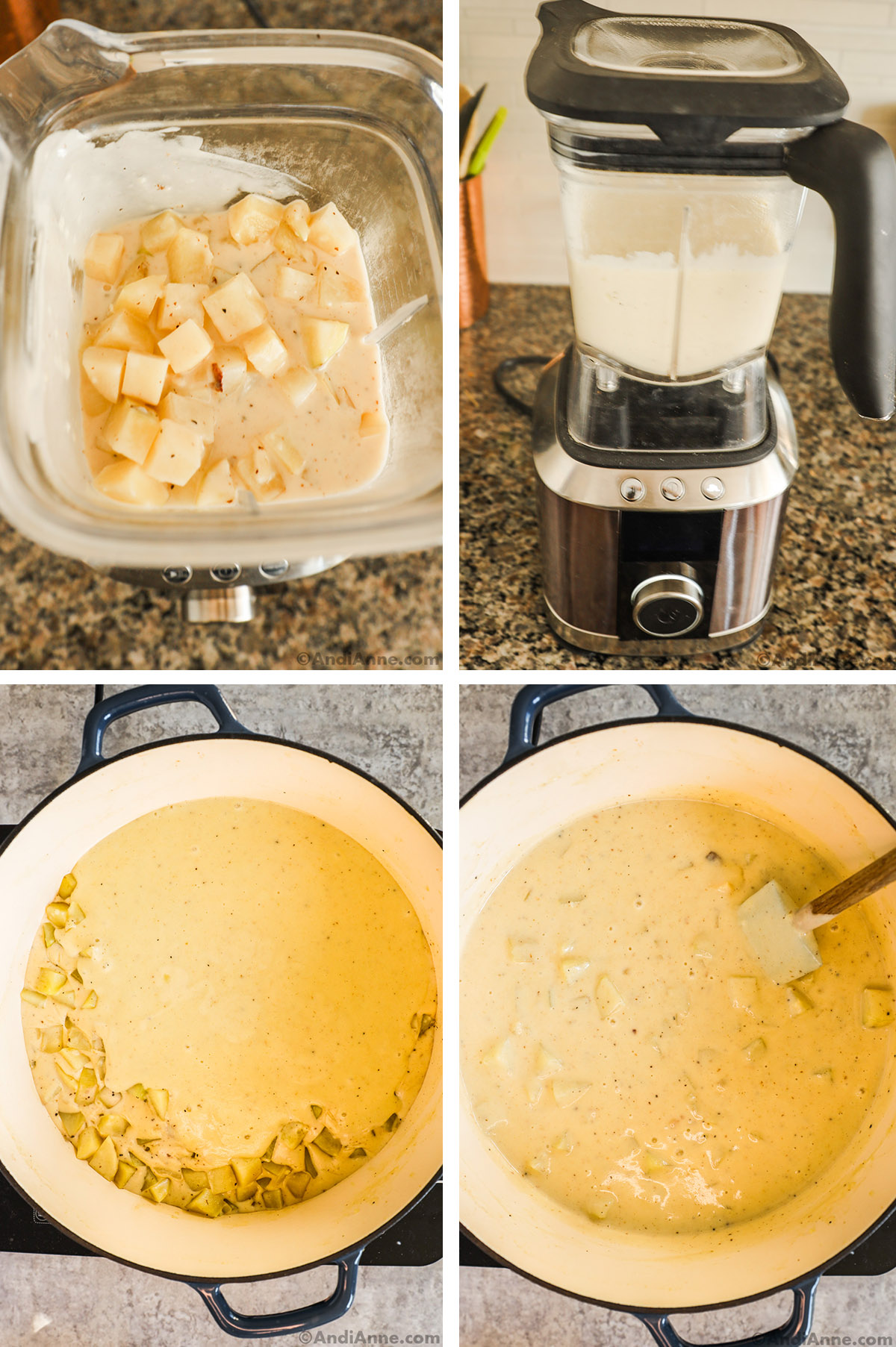 Four images grouped together. First two are a blender. First looking down into blender container with soup ingredients. Second full image of blender and smooth creamy white soup. Third is creamy soup poured overtop of chunky potato soup ingredients. Fourth is potato ingredients all mixed together.