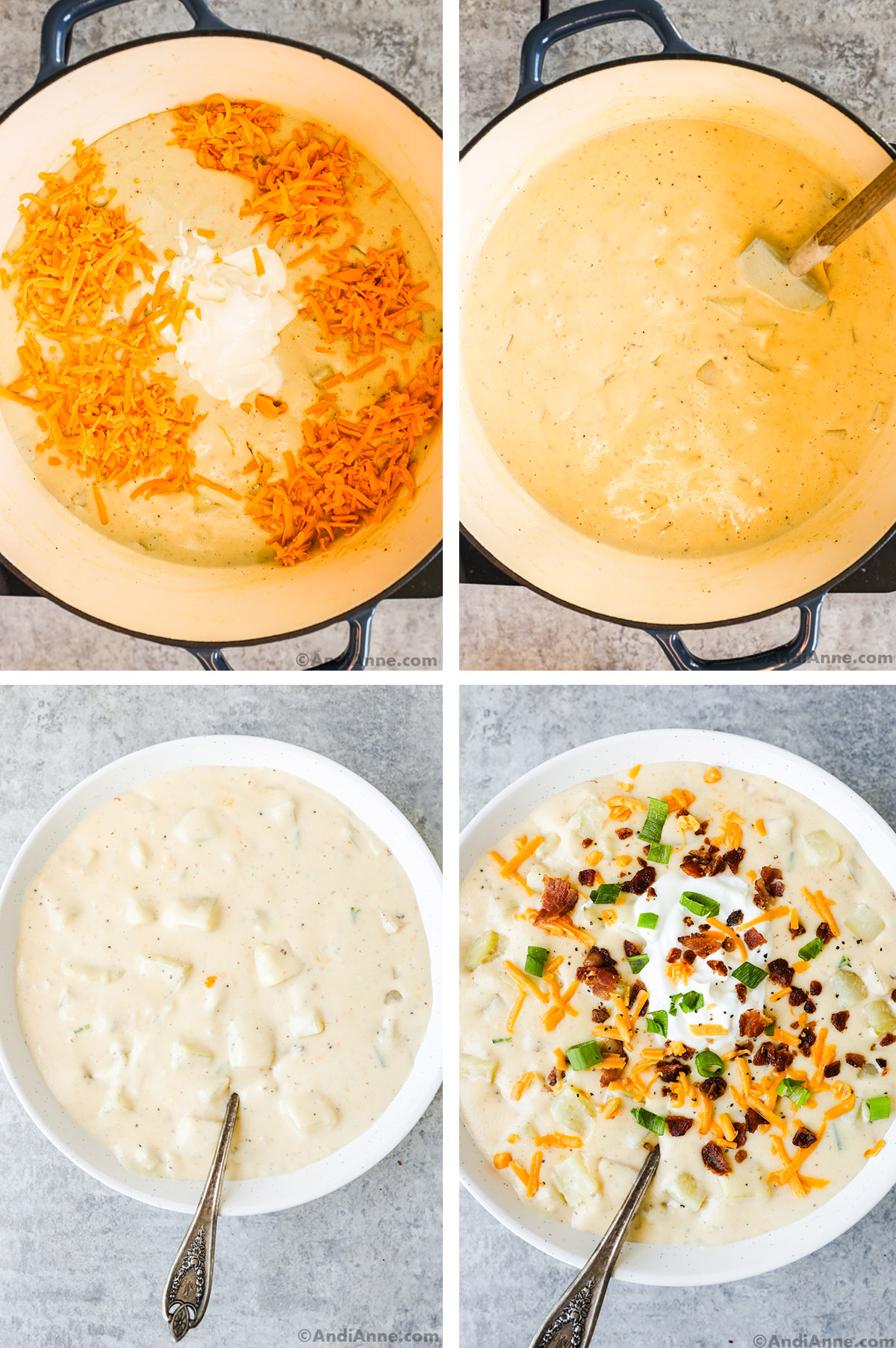 Four images grouped together. First a pot with shredded cheese and sour cream poured into potato soup. Second is pot ingredients mixed together. Third is a bowl of potato soup. Fourth has toppings added soup including shredded cheese, sour cream, chopped scallions, and crumbled bacon.