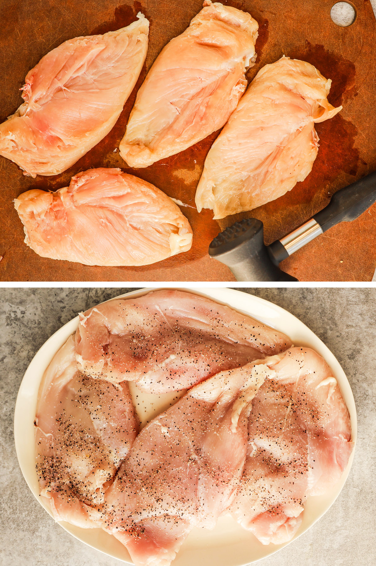 Raw flattened chicken breasts with a meat mallet, and a plate of raw chicken breasts seasoned with salt and pepper