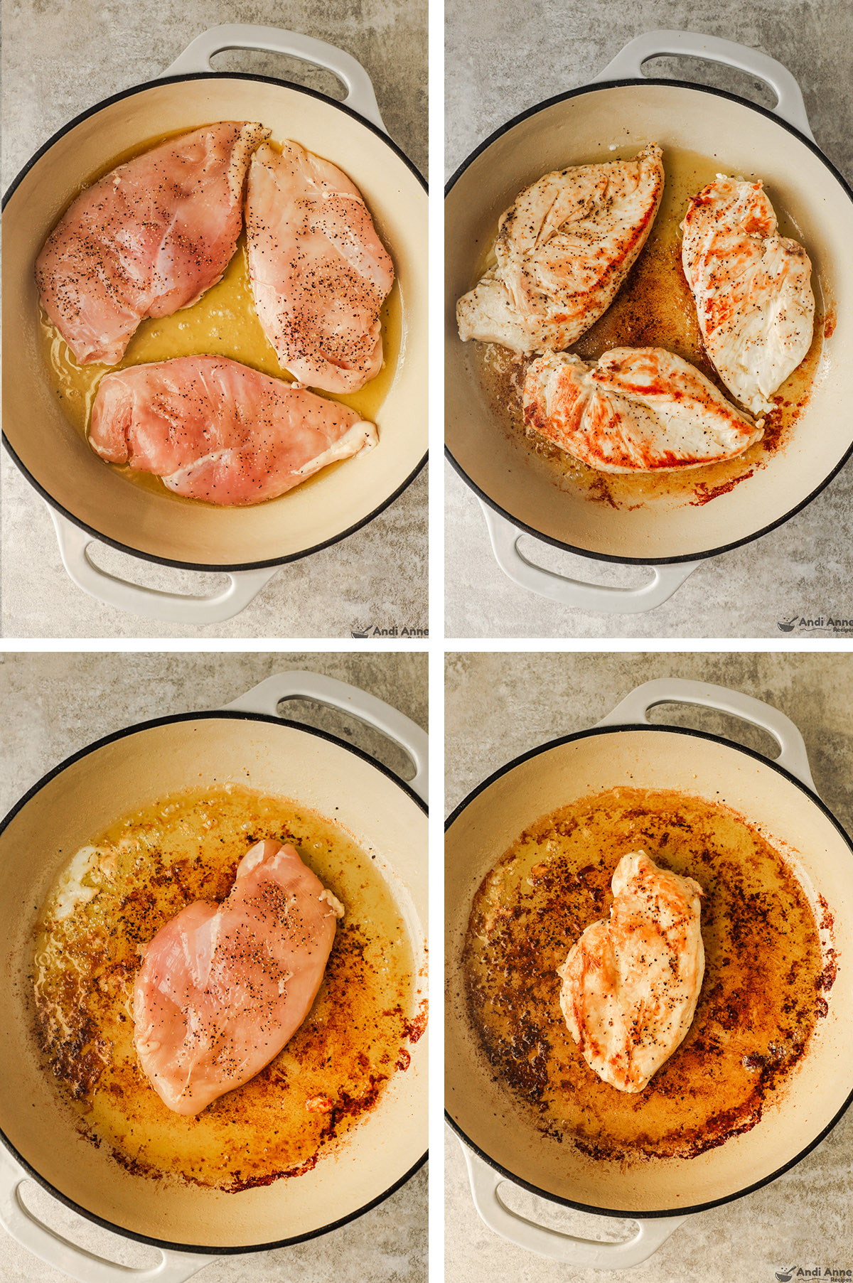 Four images grouped together. First is 3 raw chicken breasts in pan, second is cooked chicken, last two images are one raw chicken breast, then cooked chicken