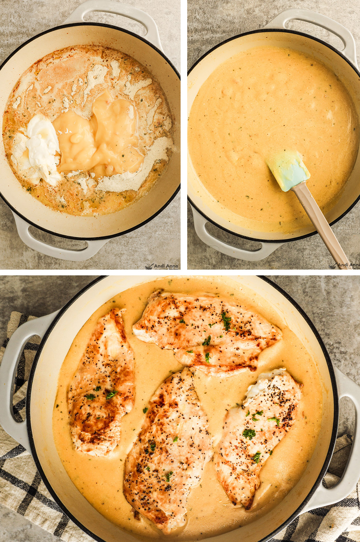 Three images of a pan, first with various ingredients dumped in, second with a creamy sauce, third with chicken added back to the creamy sauce.