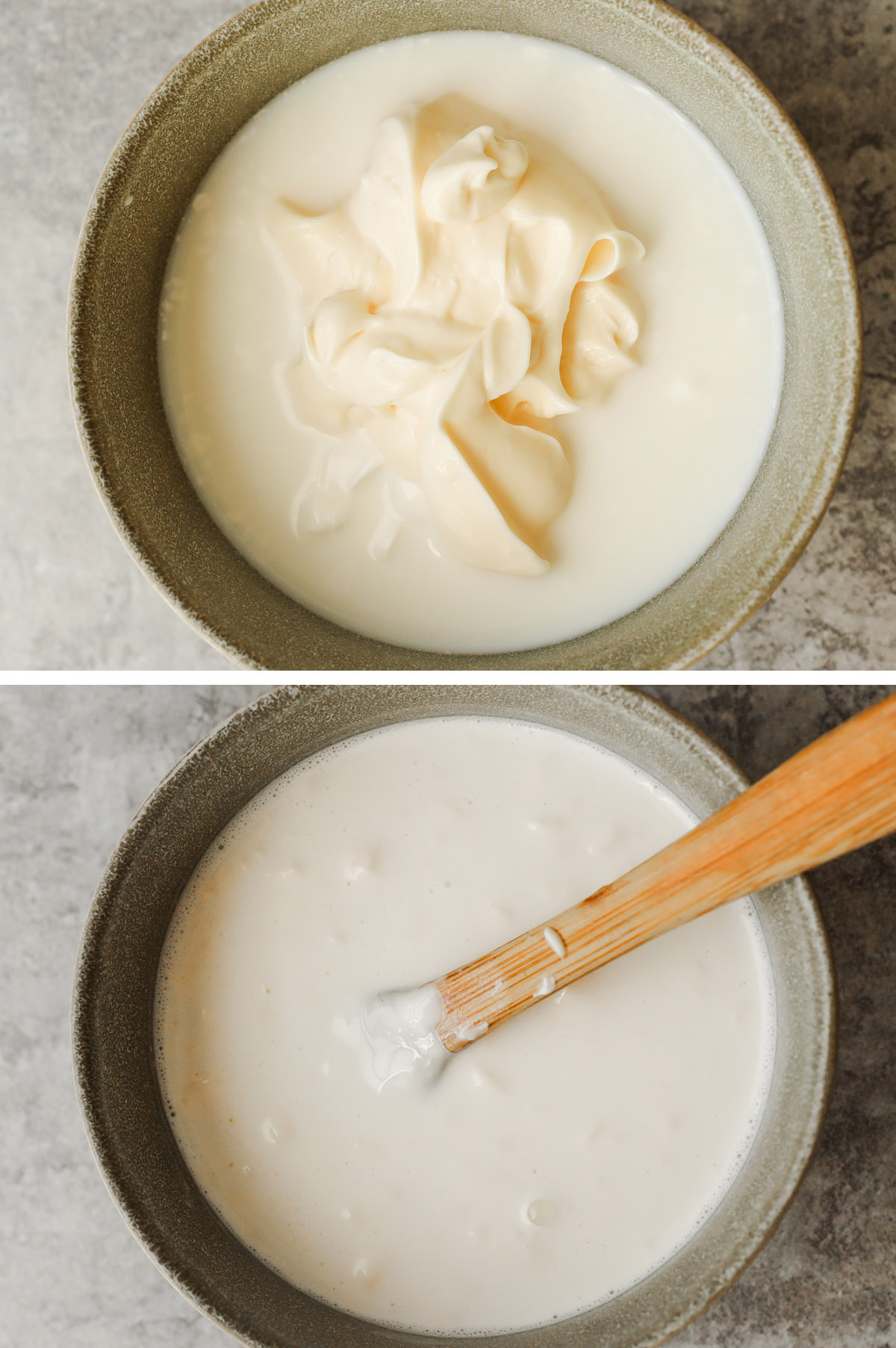 Two images of a bowl, first with milk, mayo and sour cream dumped in. Second with them mixed together and small spatula.