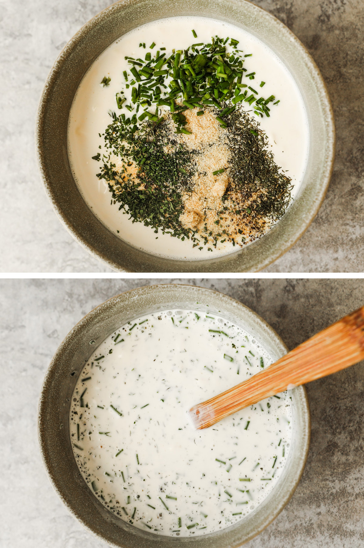 Two images of a bowl, first with herbs and spices dumped over creamy liquid. Second with ingredients mixed together.