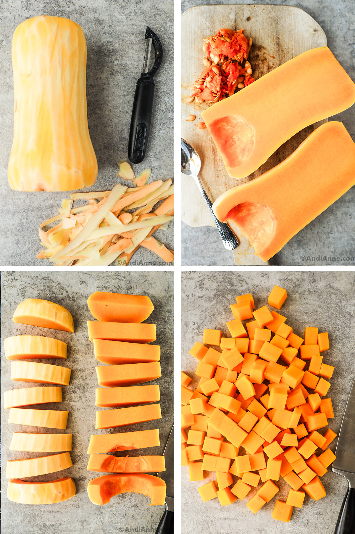 Four images together: first is outer skin peeled off of butternut squash with vegetable peeler, second squash sliced in half and inner seeds scooped out, third is squash sliced into strips, fourth is chopped squash cubes.