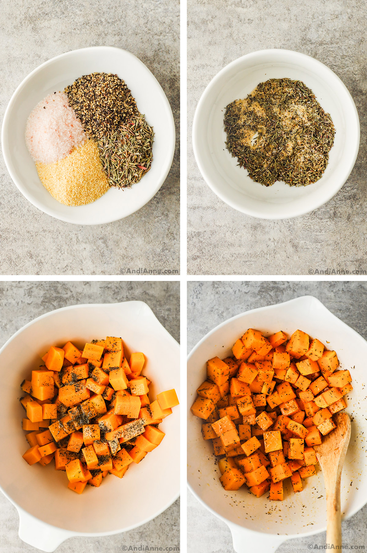 Bowl of spices first unmixed then mixed together. Also a bowl of squash cubes with spices dumped in, first unmixed then mixed.