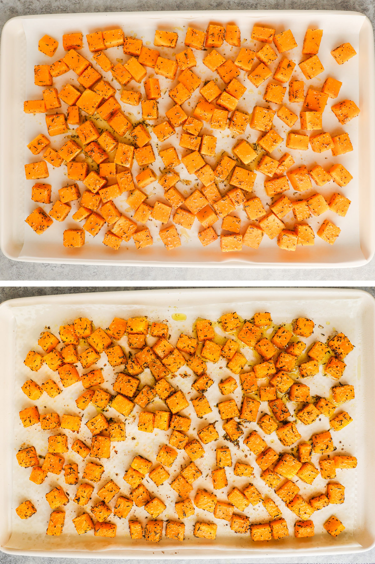 Two images: baking sheet with seasoned squash cubes, first uncooked then roasted and cooked.