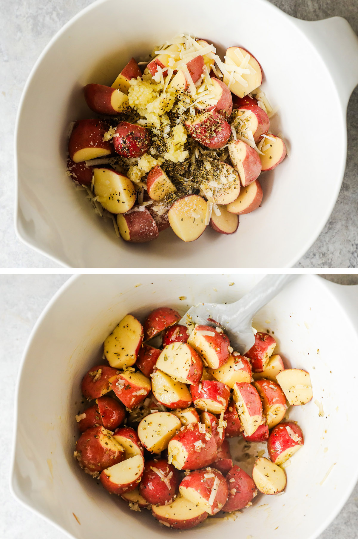 Bowl of red potatoes with spices unmixed. Then second image is ingredients mixed together.