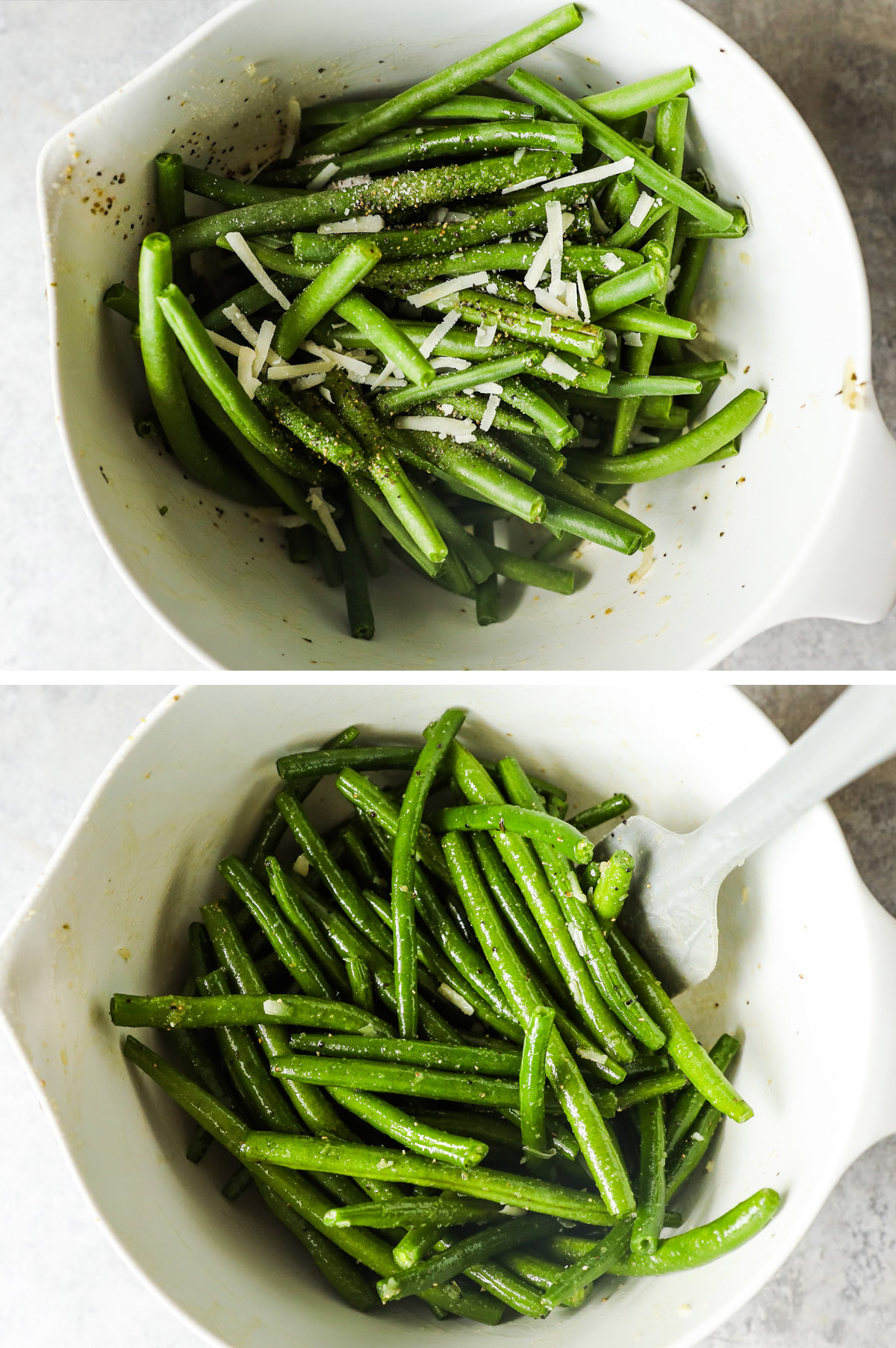 Bowl of green beans and spices dumped on top. First image unmixed, second mixed.