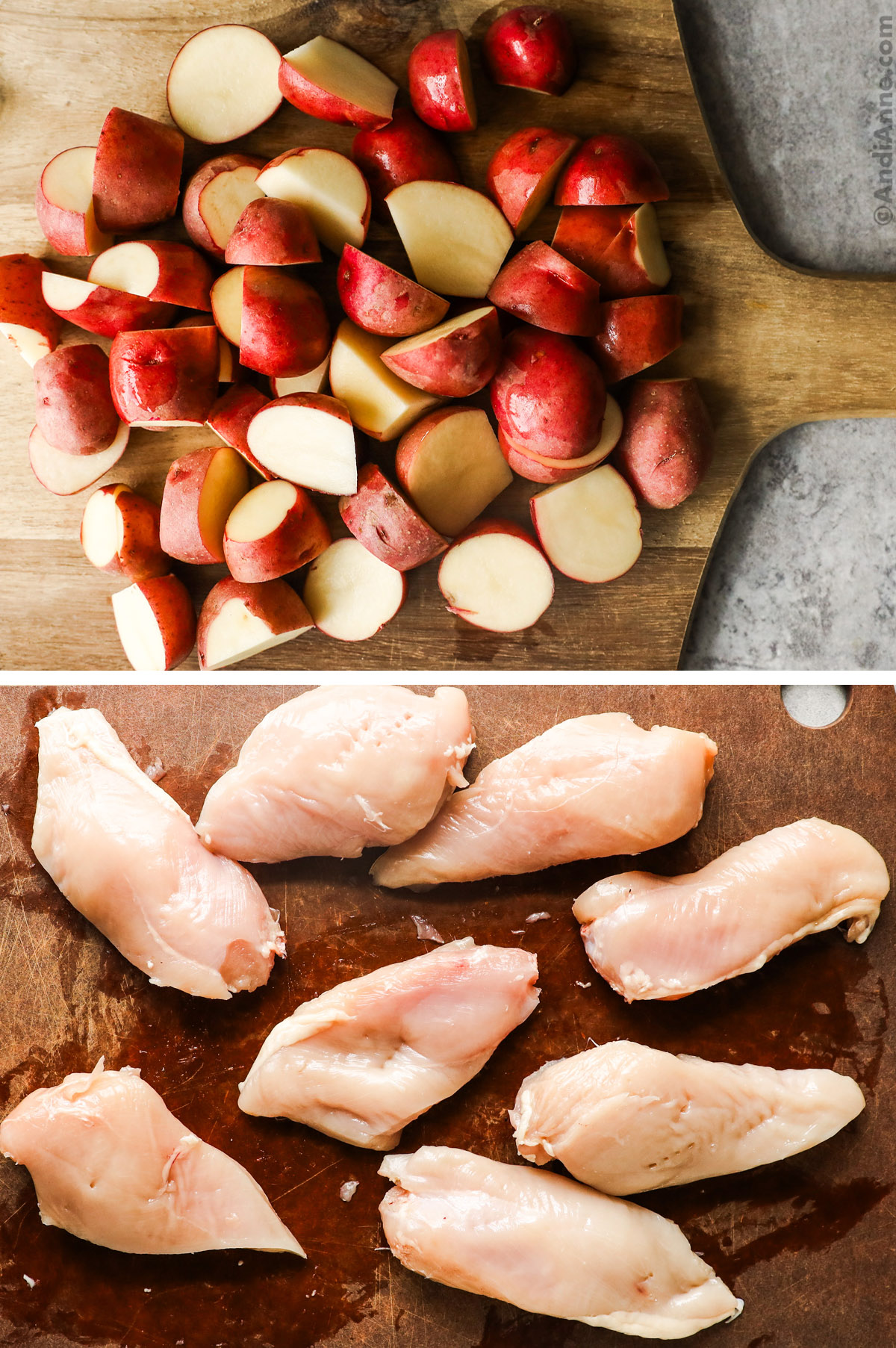 Sliced baby red potaotes, and raw chicken sliced.