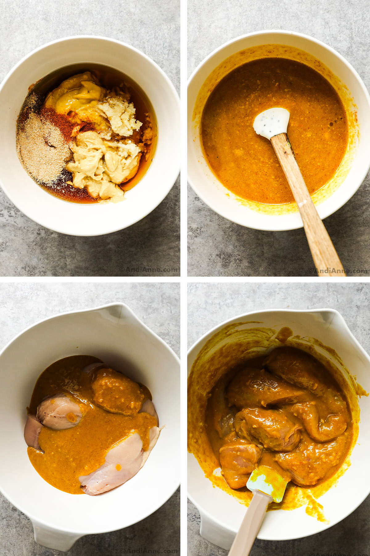 Four images of bowls. First with different liquid ingredients and spices, second with ingredients mixed. Third with raw chicken in bowl and sauce on top. Fourth with raw chicken coated in sauce.