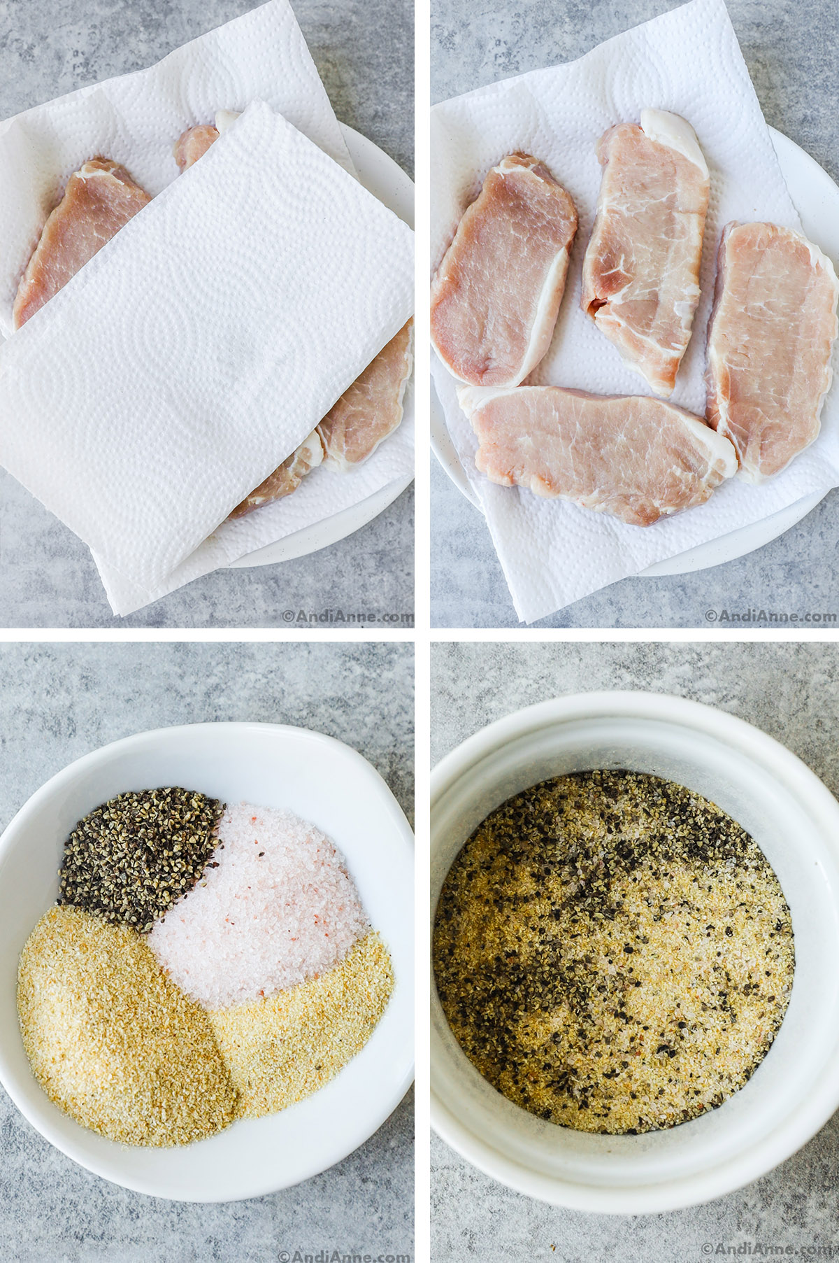 Four images. First two are plates with paper towel and raw pork chops. Second two are bowls of spices first unmixed and then mixed. 