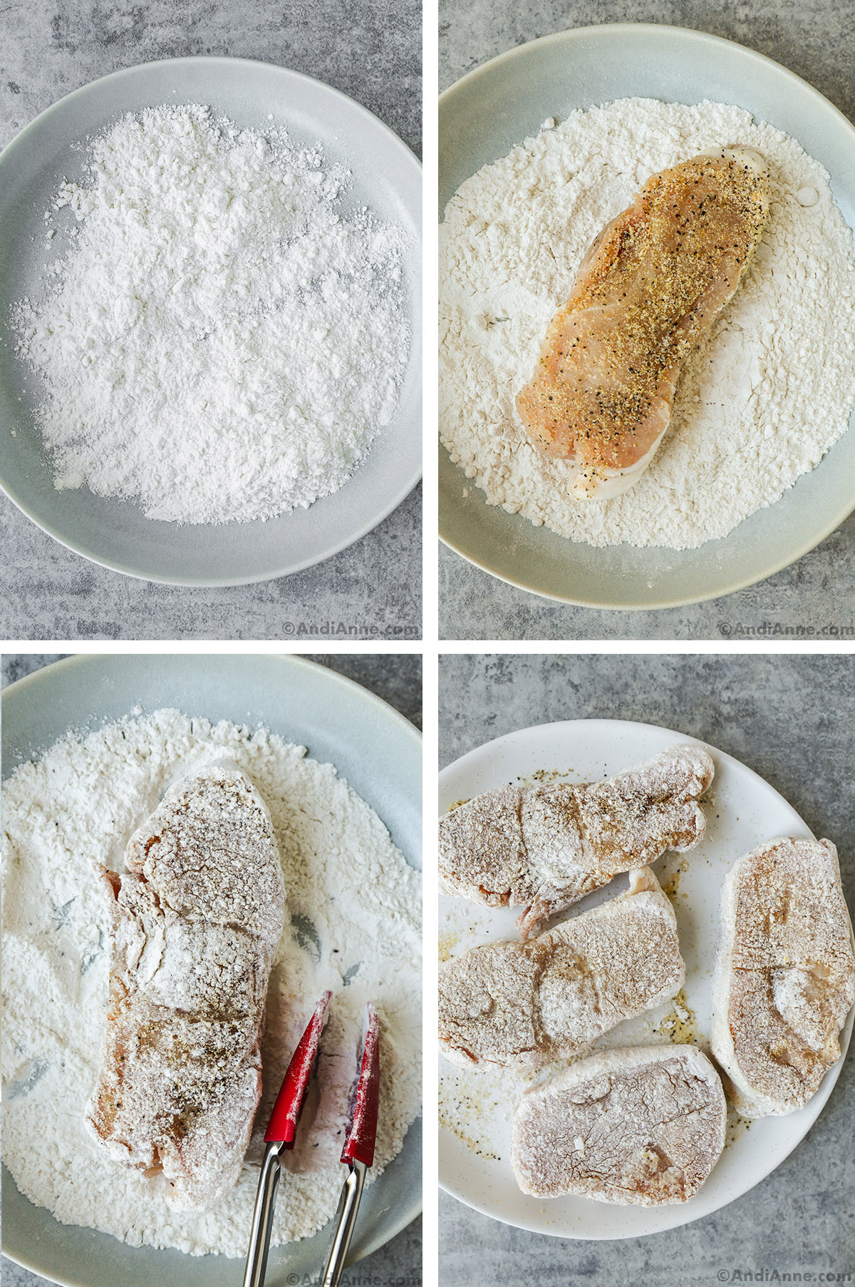 Four images grouped together. First is plate of flour. Second with raw pork chop on top. Third with pork chop coated in flour. Fourth is four pork chops coated in flour. 