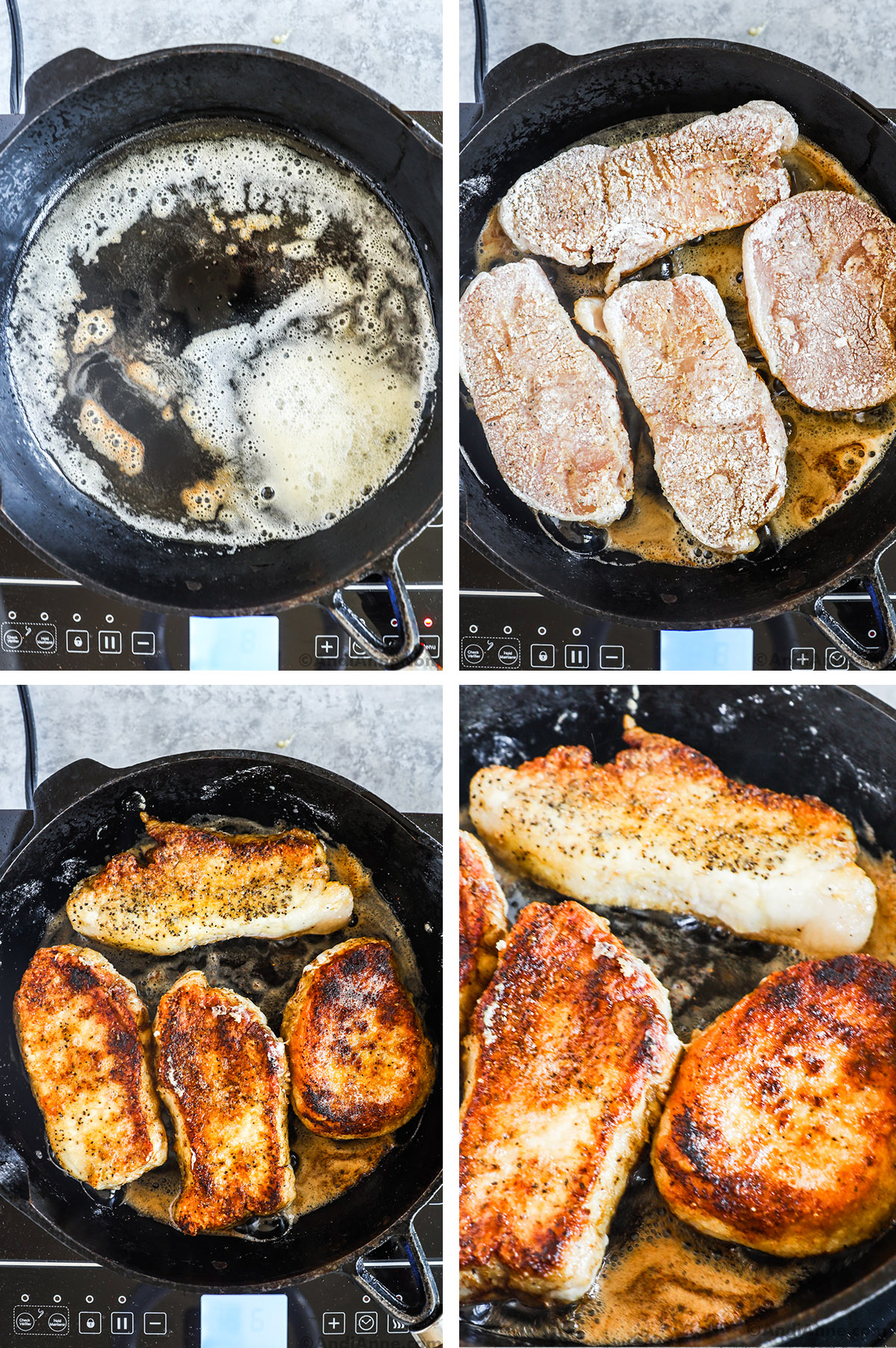 Four images grouped together. First is melted butter and oil in pan. Second is raw floured pork chops in pan. Third is seared cooked pork chops in pan. Fourth is close up of pork chops. 