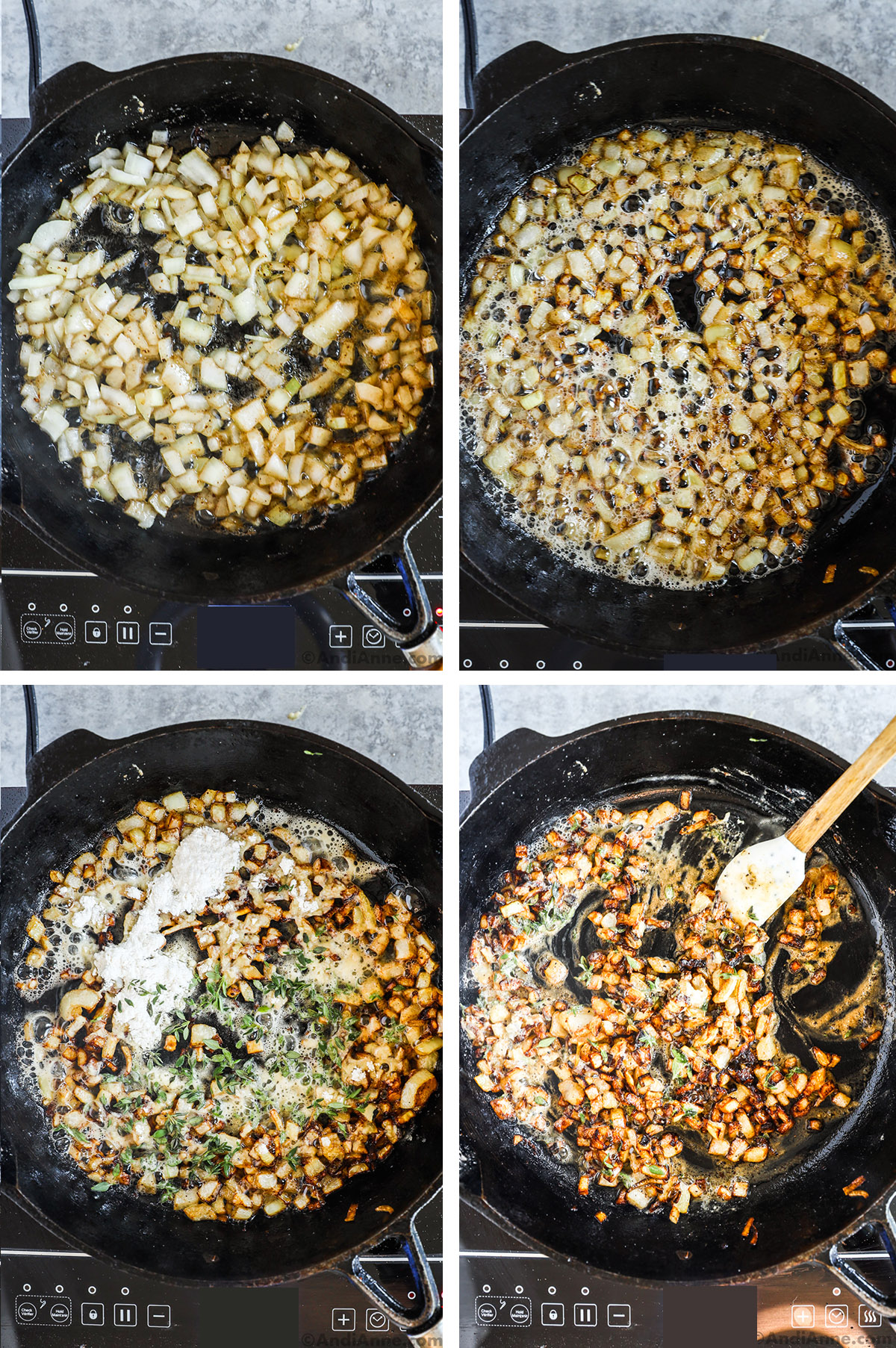 Four images grouped together. First is chopped onions in oil in pan. Second is cooked onions. Third is flour and thyme dumped on top. Fourth is onions mixed with flour and thyme.