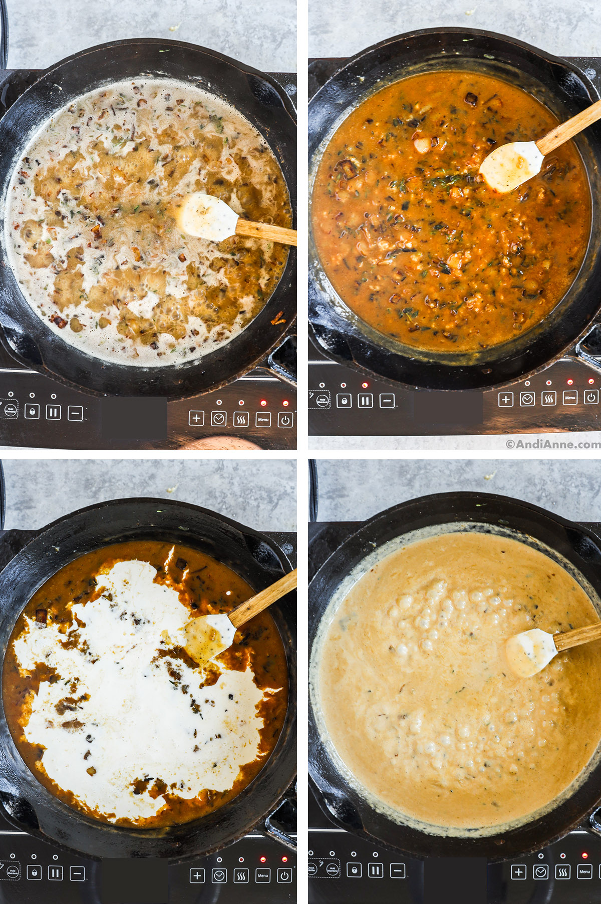 Four images grouped together. First is liquid simmering in pan. Second gravy ingredients mixed with chopped onion. Third cream poured into gravy. Fourth is bubbling gravy on in the pot.