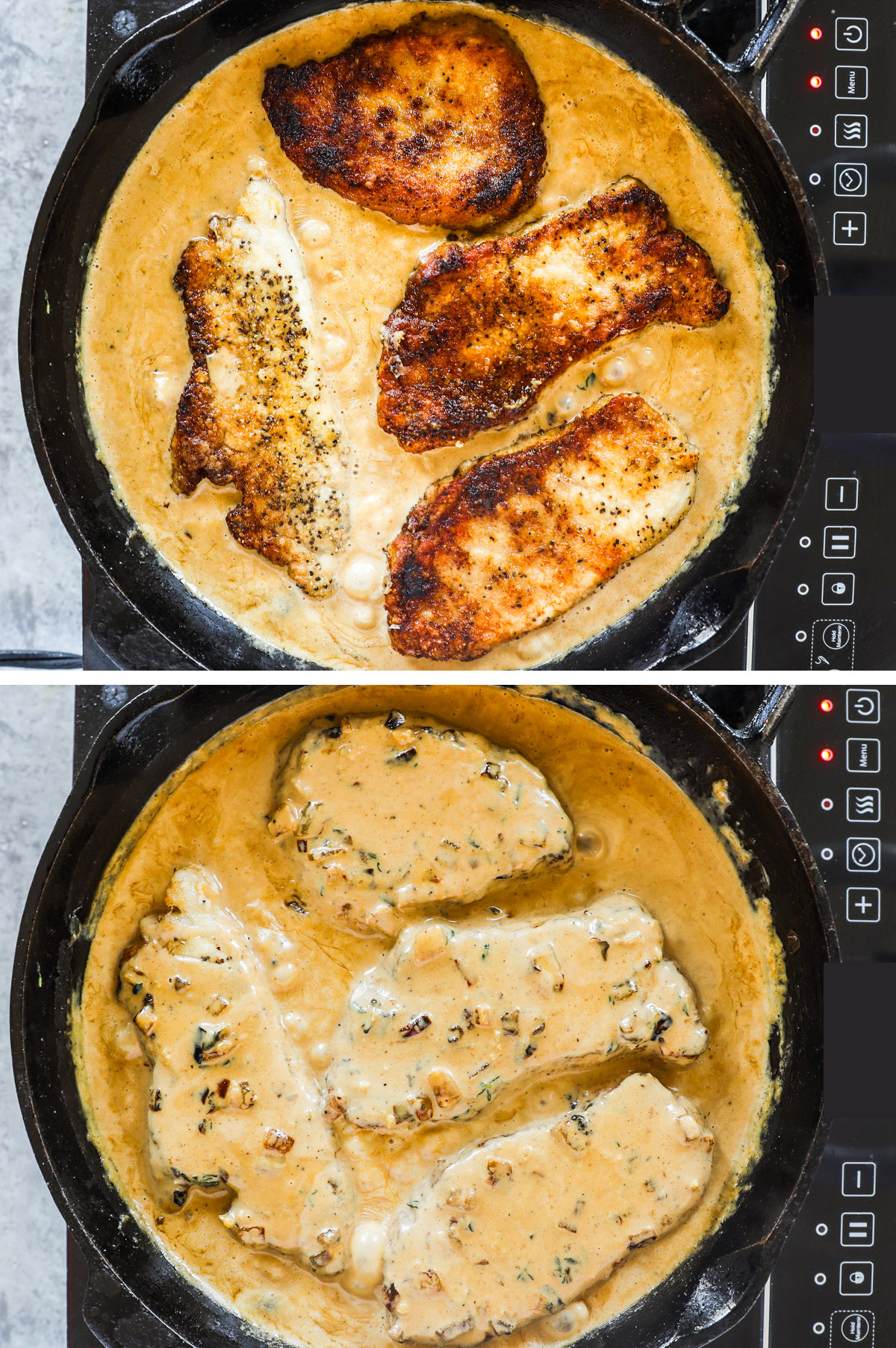 Seared pork chops with gravy in pan. Second image is gravy poured on top of pork chops. 