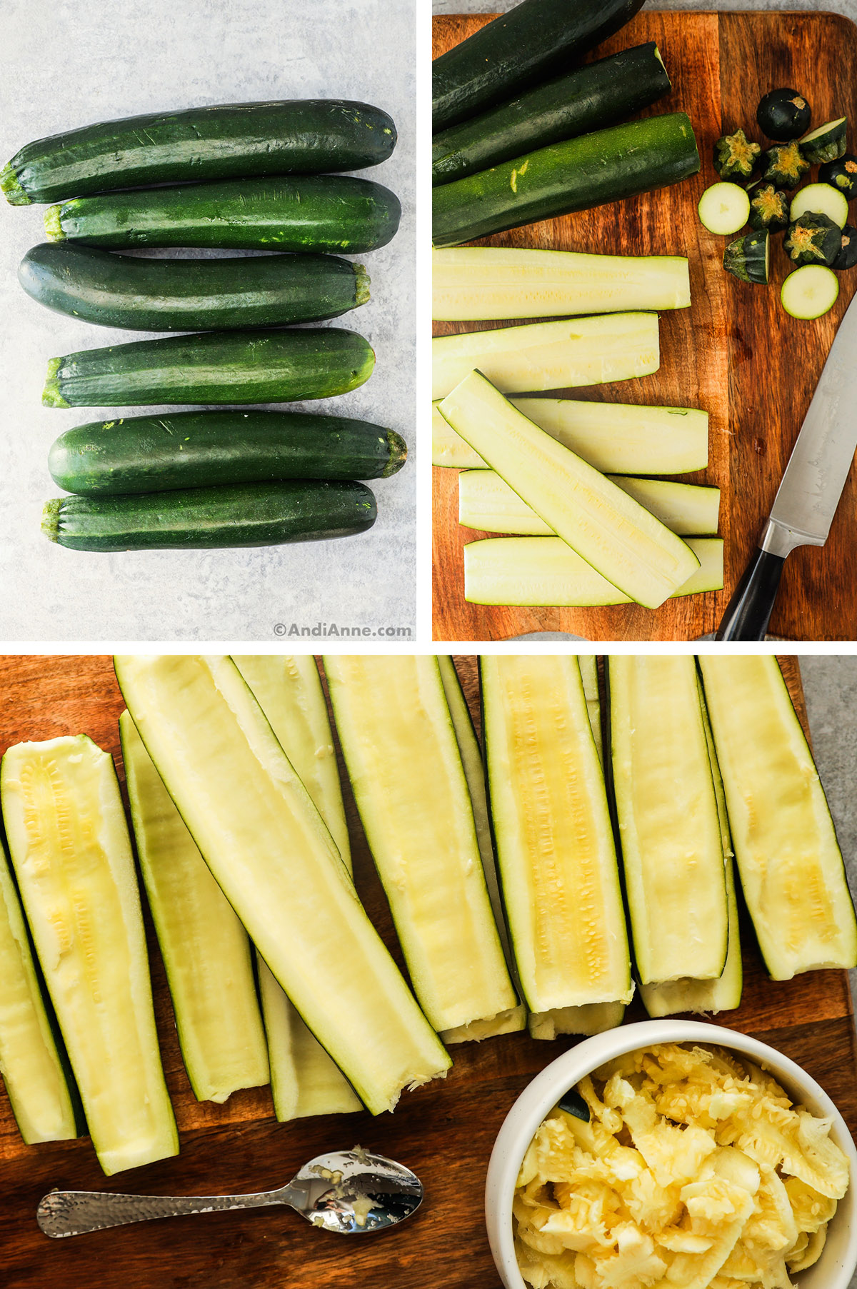 Three images grouped. First is zucchinis whole. Second is zucchinis sliced, third is inner flesh scraped to create a zucchini boat and extra flesh in a bowl.