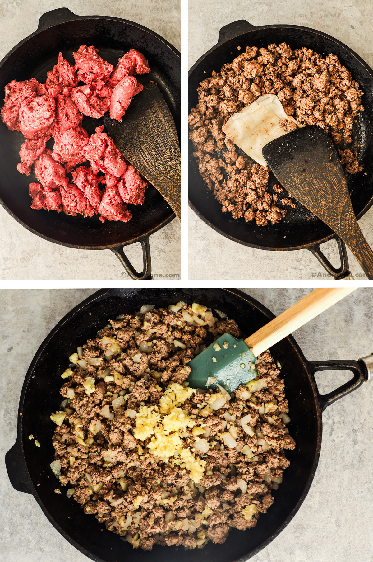 Three images of a frying pan. First with raw ground beef, second with cooked ground beef and spatula. Third with minced garlic on top of gound beef onion mixture and spatula.