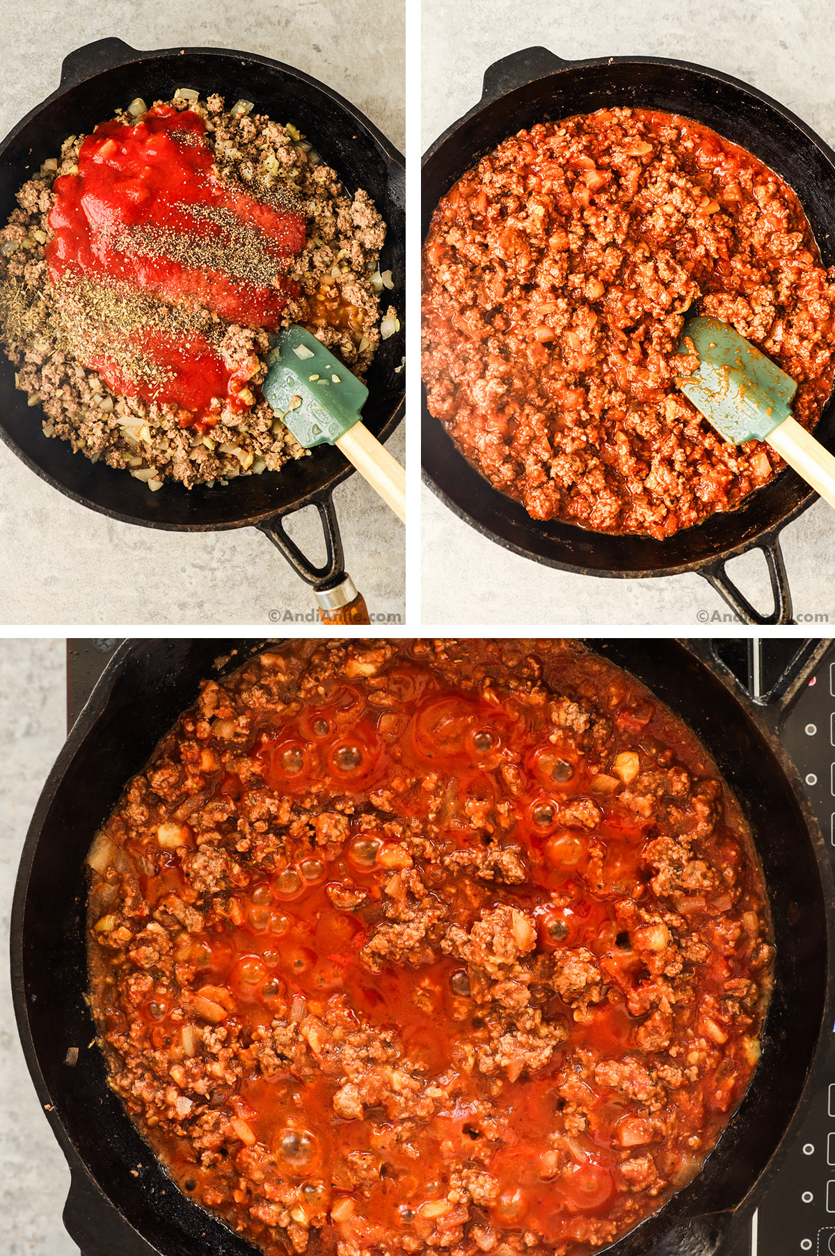 Three images of frying pan. First with sauce and spices on top of ground beef. Second with tomato sauce mixed into ground beef. Third is ground beef mixture bubbling with sauce on stove.