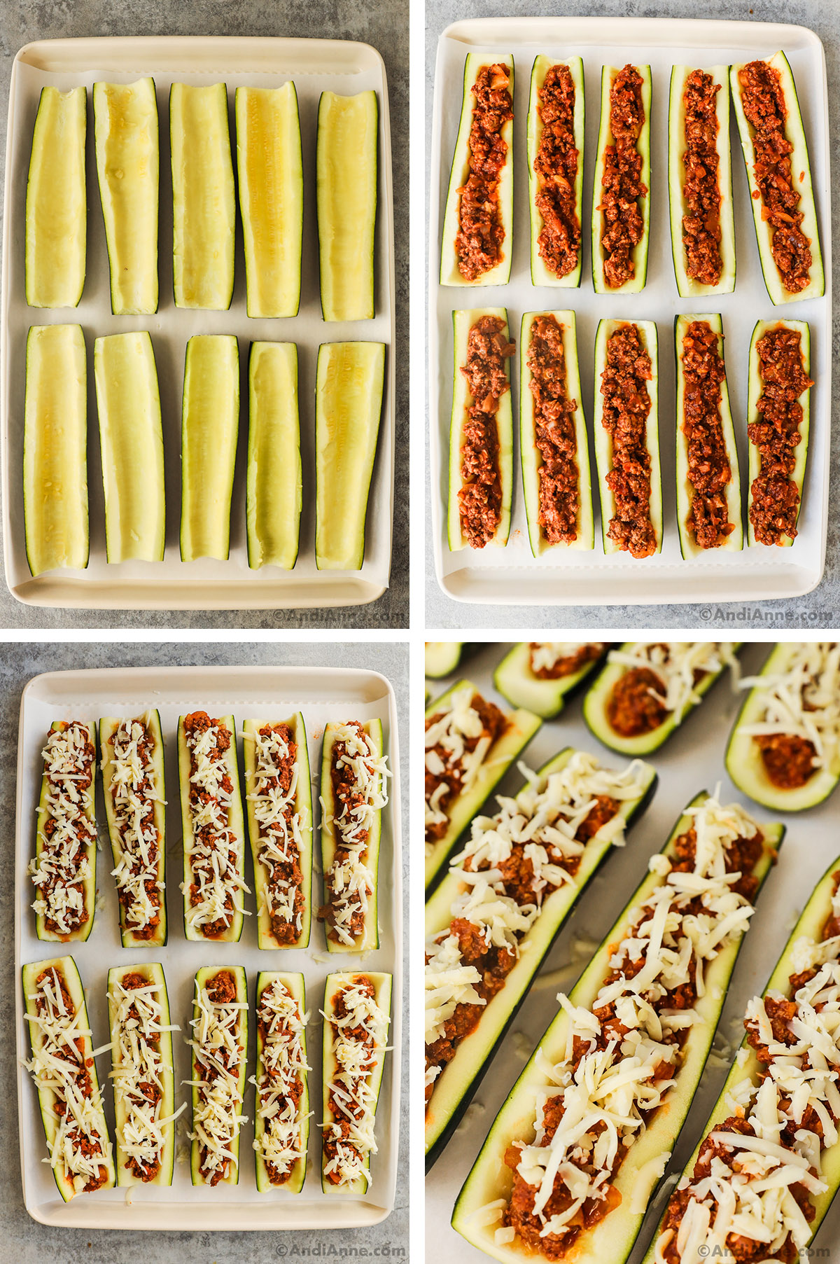 Four images of zucchini boats: first is just zucchini sliced with flesh scraped out. Second with ground beef added in. Third and fourth with mozzarella cheese sprinkled in. 