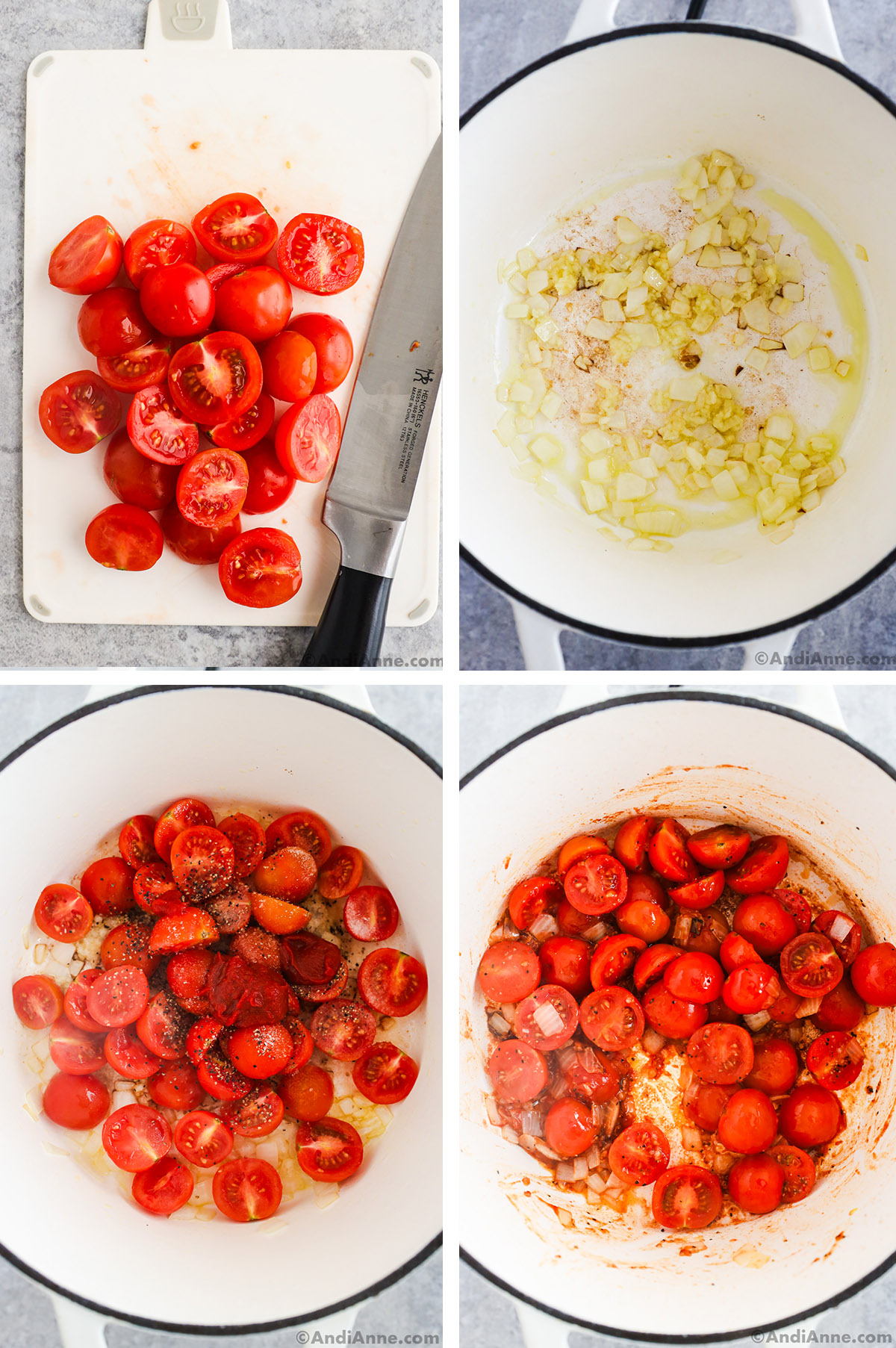 Four images grouped together. First is sliced cherry tomatoes on a cutting board. Second is chopped onion in a bowl. Third is cherry tomatoes in pot with cooked onions and spices. Fourth is the tomatoes mixed together.