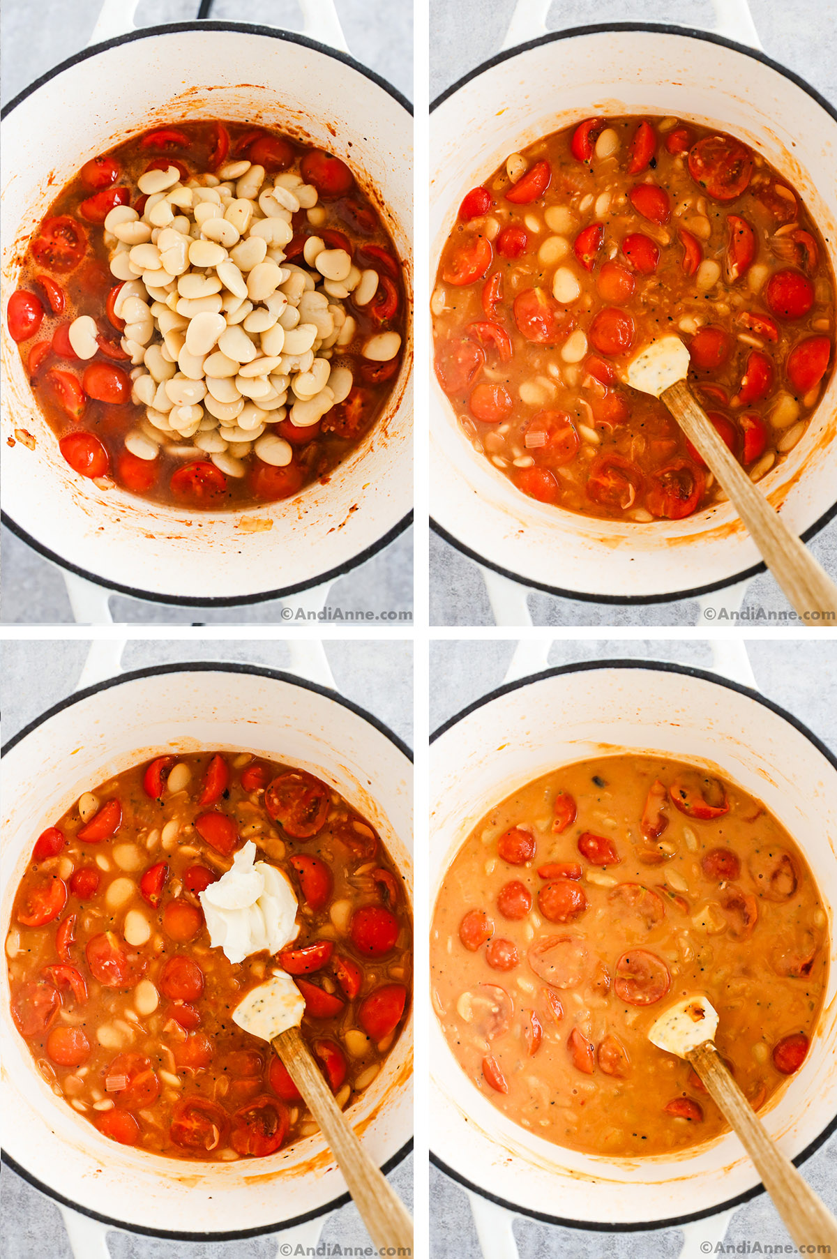 Four images grouped together of a pot. First is butter beans over top of tomatoes. Second is ingredients mixed together. Third is Cream cheese dumped over tomatoes and beans, fourth is creamy sauce with tomatoes and butter beans.